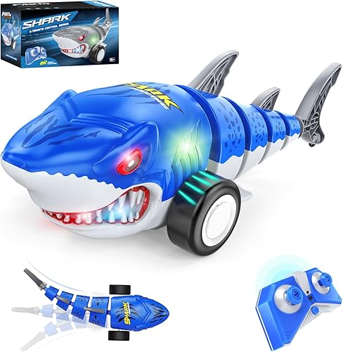 Auto de tiburón a control remoto, autos a control remoto, juguetes para niños de 4 5 6 7 8 12 años con cola oscilante, luces LED, cumpleaños para