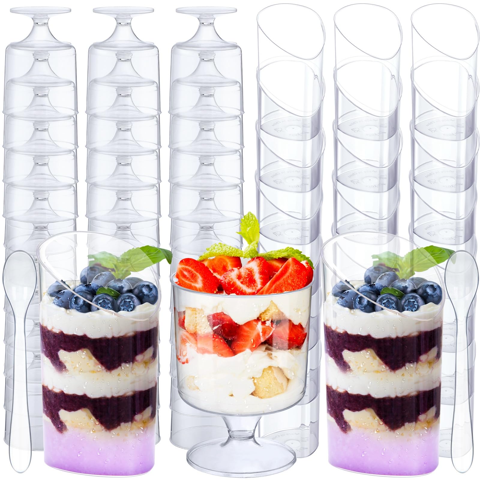 Photo 1 of 100 Pack CHENGU Mini Dessert Cups with Spoons 3 oz Small Plastic Dessert Cups Parfait Appetizer Cup Disposable Clear Plastic Cup for Tasting Sample Appetizers (Slanted+goblet)