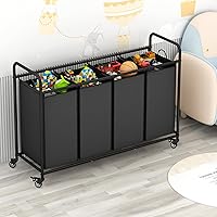 Vista 3 de Clasificador de ropa sucia de 4 secciones con ruedas enrollables resistentes y bloqueables, bolsas extraíbles, separador de cestas