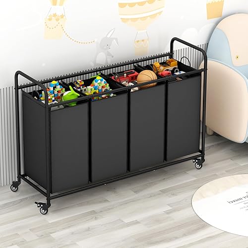 Miniatura 3 de Clasificador de ropa sucia de 4 secciones con ruedas enrollables resistentes y bloqueables, bolsas extraíbles, separador de cestas para