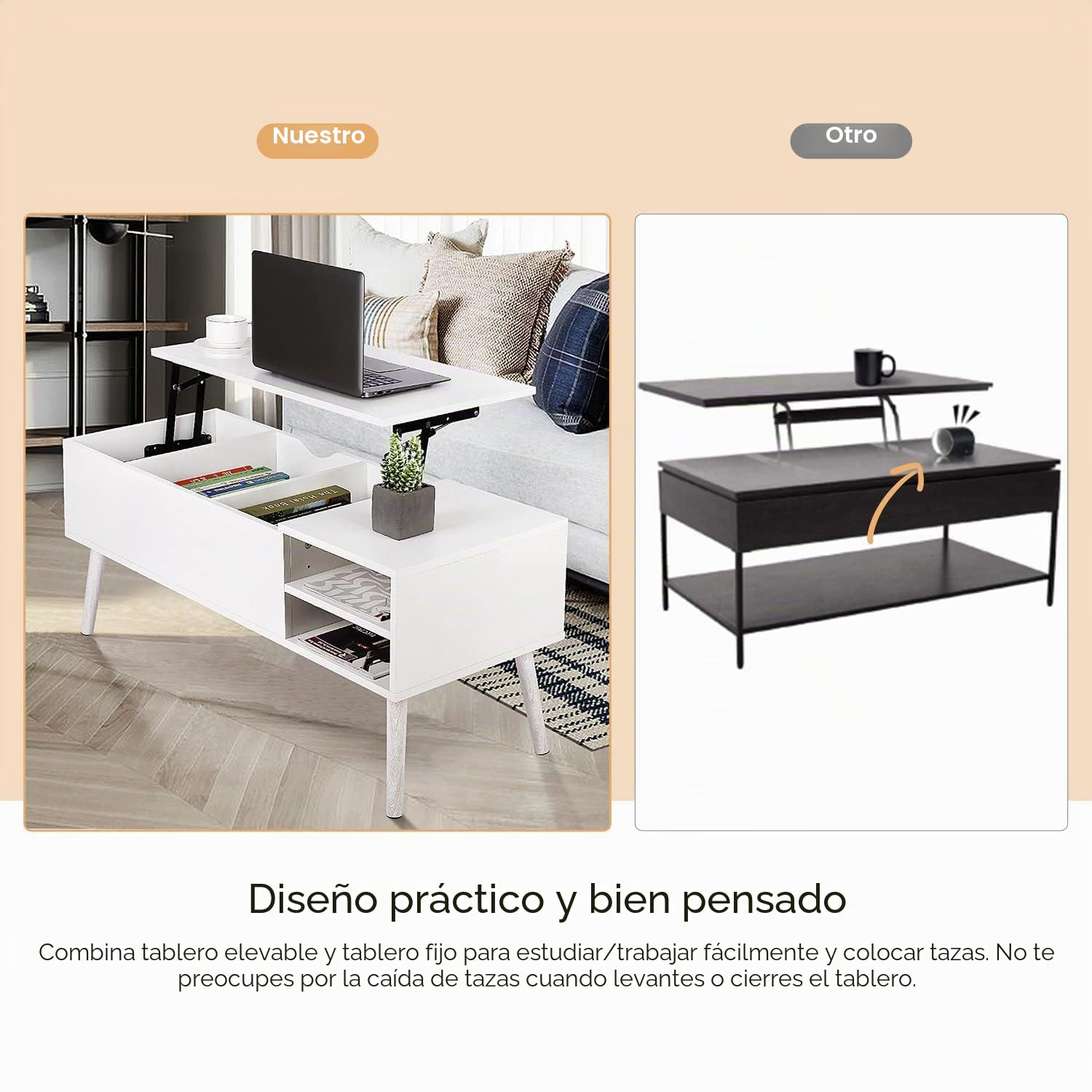 VOWNER Mesa de Centro Elevable,Mesita de Salón para el Café,Rectangular Moderna con Cajón de Almacenamiento Mesa de Centro de Sala de Estar para Muebles de Sala de Estar