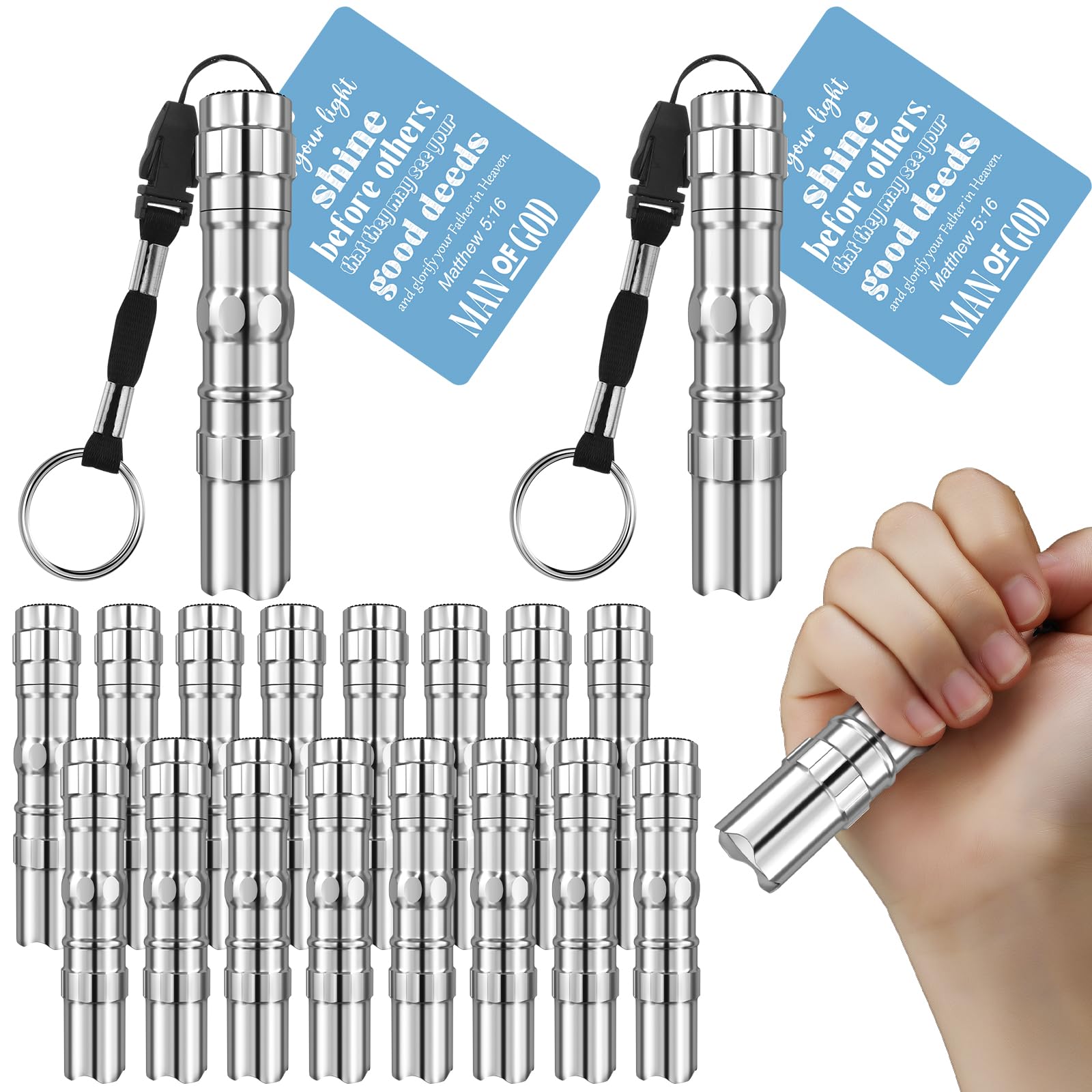 Tujoe 16 Sets Father's Day Christian Gift for Men Bulk Man of God Flashlight with Bible Verse Card Religious Illumination Themed Gifts Inspirational Keychains for Men Church,Not Include Battery
