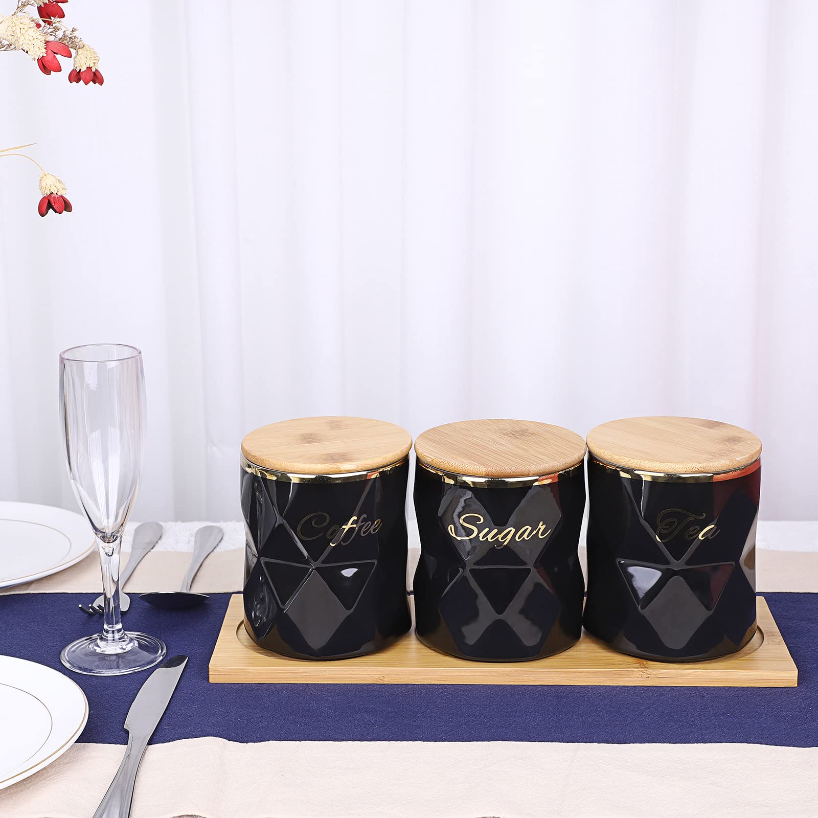 BTSKY Recipientes herméticos de cerámica negra para azúcar, café, té con tapa y bandeja, juego de 3 recipientes herméticos para almacenamiento de alimentos, tarros con tapa de bambú para encimera de