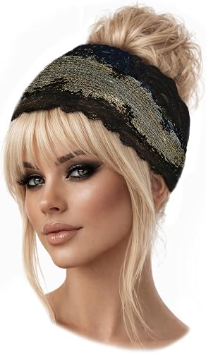 Black Lace Headband for Women Hair Accessories For Women Stretch Lace Vintage Floral Headband Makeup Headband Hairbands Handmade Quality Hairbands (Black gold lurex)