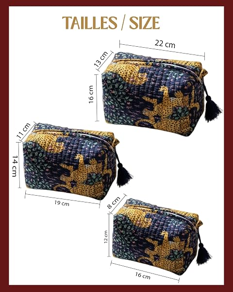 LE KESARI Kit 3 Trousses de Maquillage Léopard – Petite, Moyenne et Grande – Trousse de Toilette Femme Voyage – Pochette Cosmétique Matelassée avec Pompons (Bleu) - 3