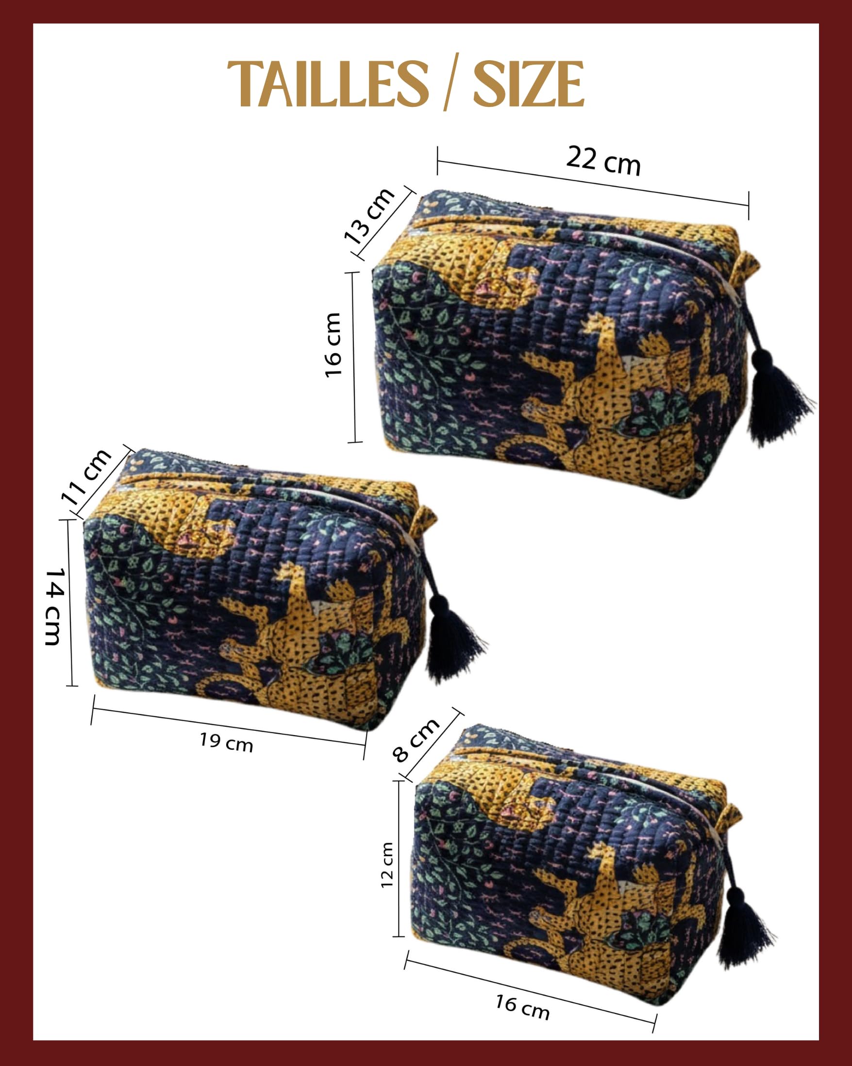 LE KESARI Kit 3 Trousses de Maquillage Léopard – Petite, Moyenne et Grande – Trousse de Toilette Femme Voyage – Pochette Cosmétique Matelassée avec Pompons (Bleu) - 3