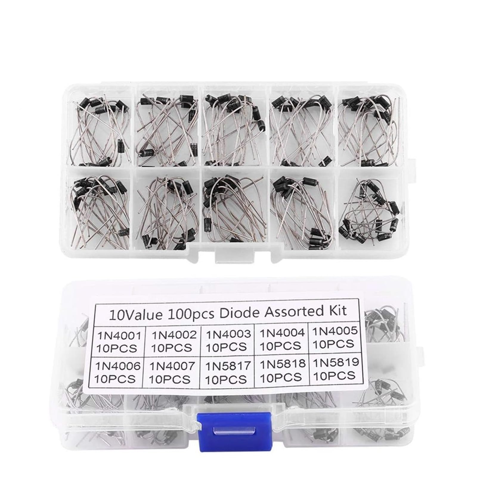 100 Pezzi 10 valori diodo raddrizzatore Kit Assortito 1N4001 1N4002 1N4003 1N4004 1N4005 1N4006 1N4007 1N5817 1N5818 1N5819
