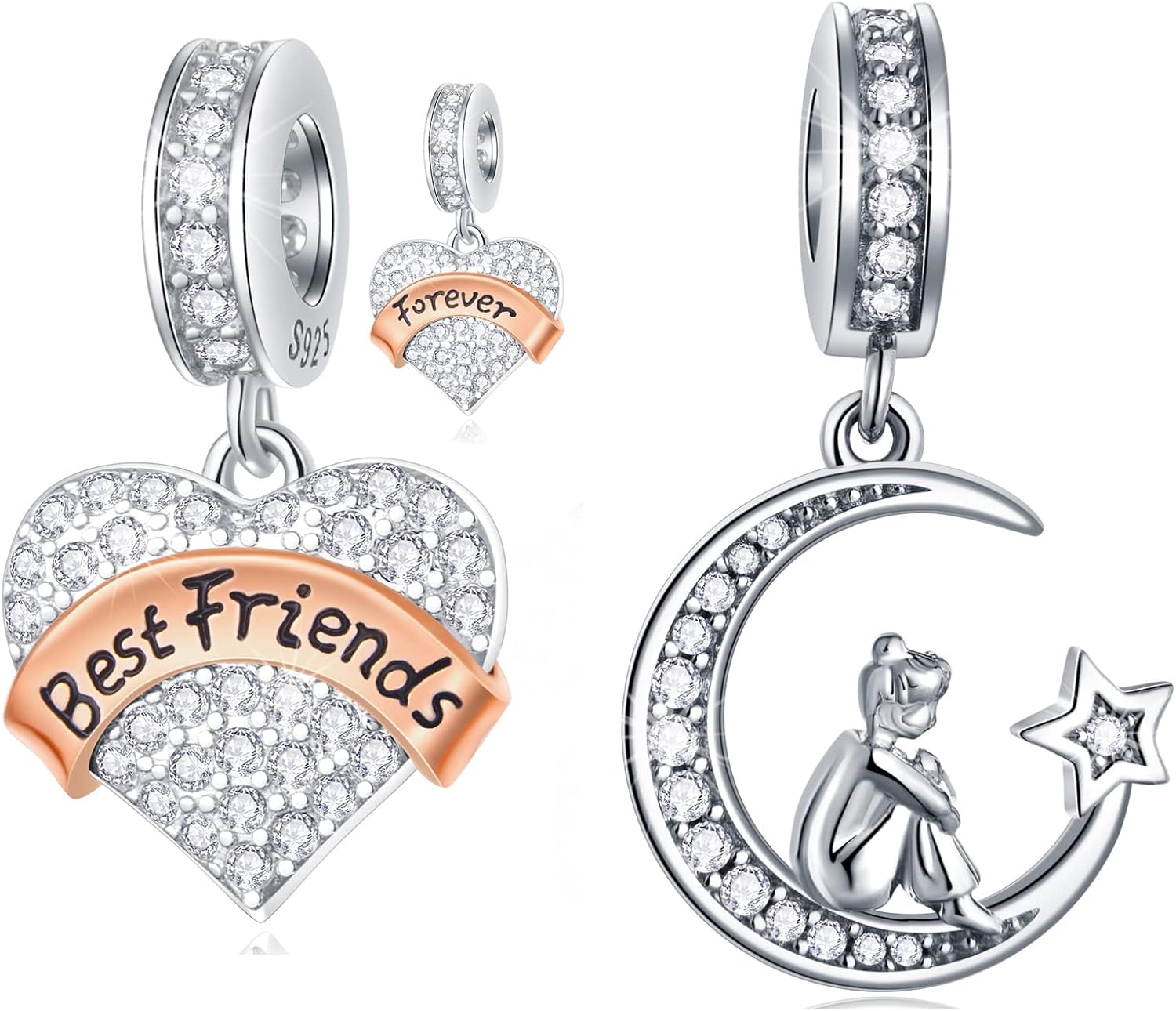 Forever Friends Charms Set fits Pandora Charm Bracelet, Girl Sitting on Crescent Moon Charms and Best Friends Charms Jewelry Set in 925 Sterling Silver, Gifts for Sister/Girlfriend/Birthday