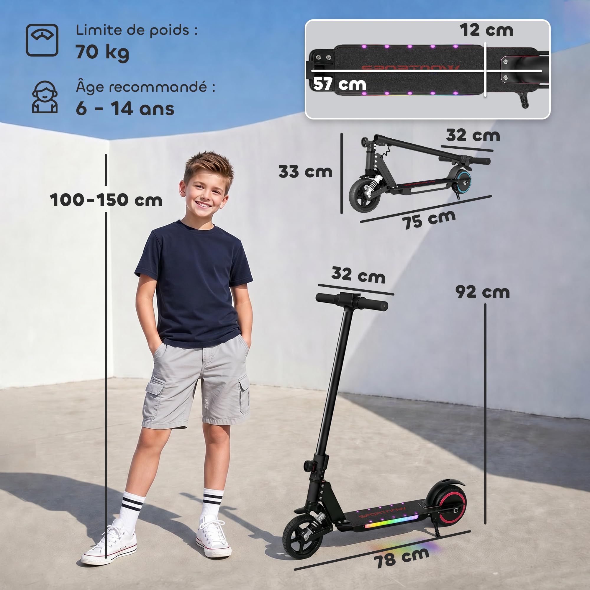 SPORTNOW Trottinette électrique pour Enfants 6-14 Ans Double Frein Noir | Scooter Électrique Pliable pour Enfants, Autonomie 6 km, Vitesse Maximale 14 km/h, Lumières LED Colorées, Aluminium