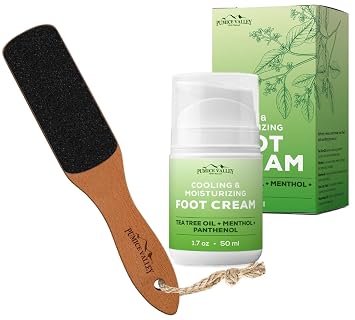 Pumice Valley Foot File with Handle Pumice Stone for Dry Dead Skin - Callus Remover for Feet Double Foot Cream for Dry Cracked Feet and Heels - Natural Moisturizer Tea Tree Oil, Menthol 1.7 Oz