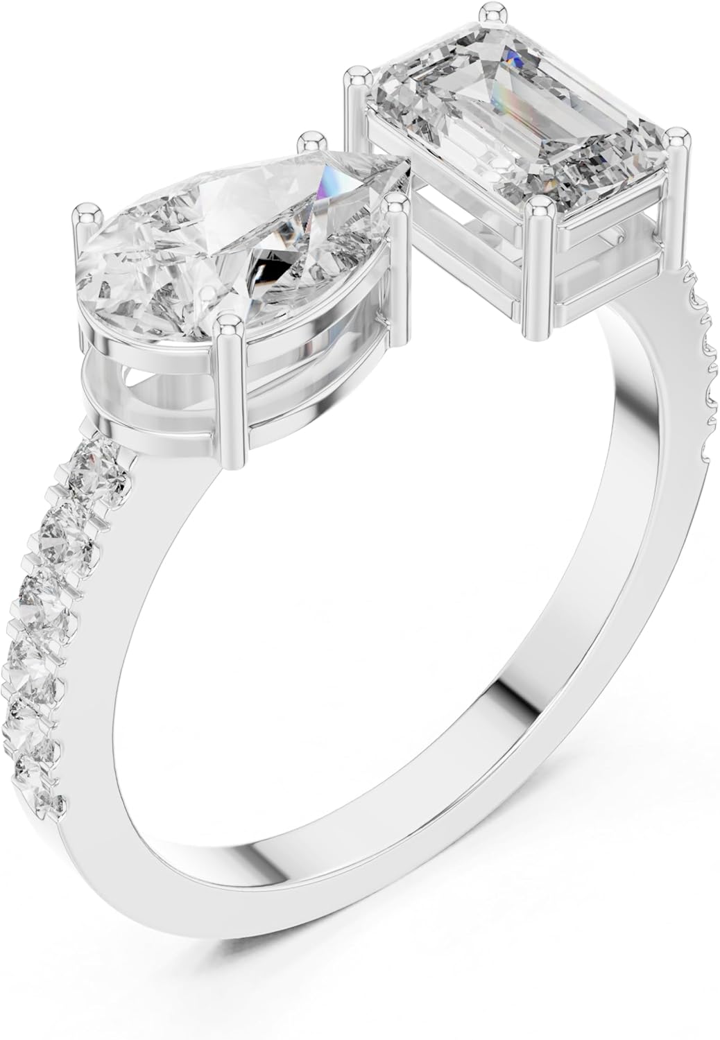 Pear & Emerald Cut Two Stone Open Gap Lab Grown & Diamond Engagement Ring 10k 14k 18k Gold & 925 Sterling Silver Ring Wedding & Christmas Gift For Her (22)