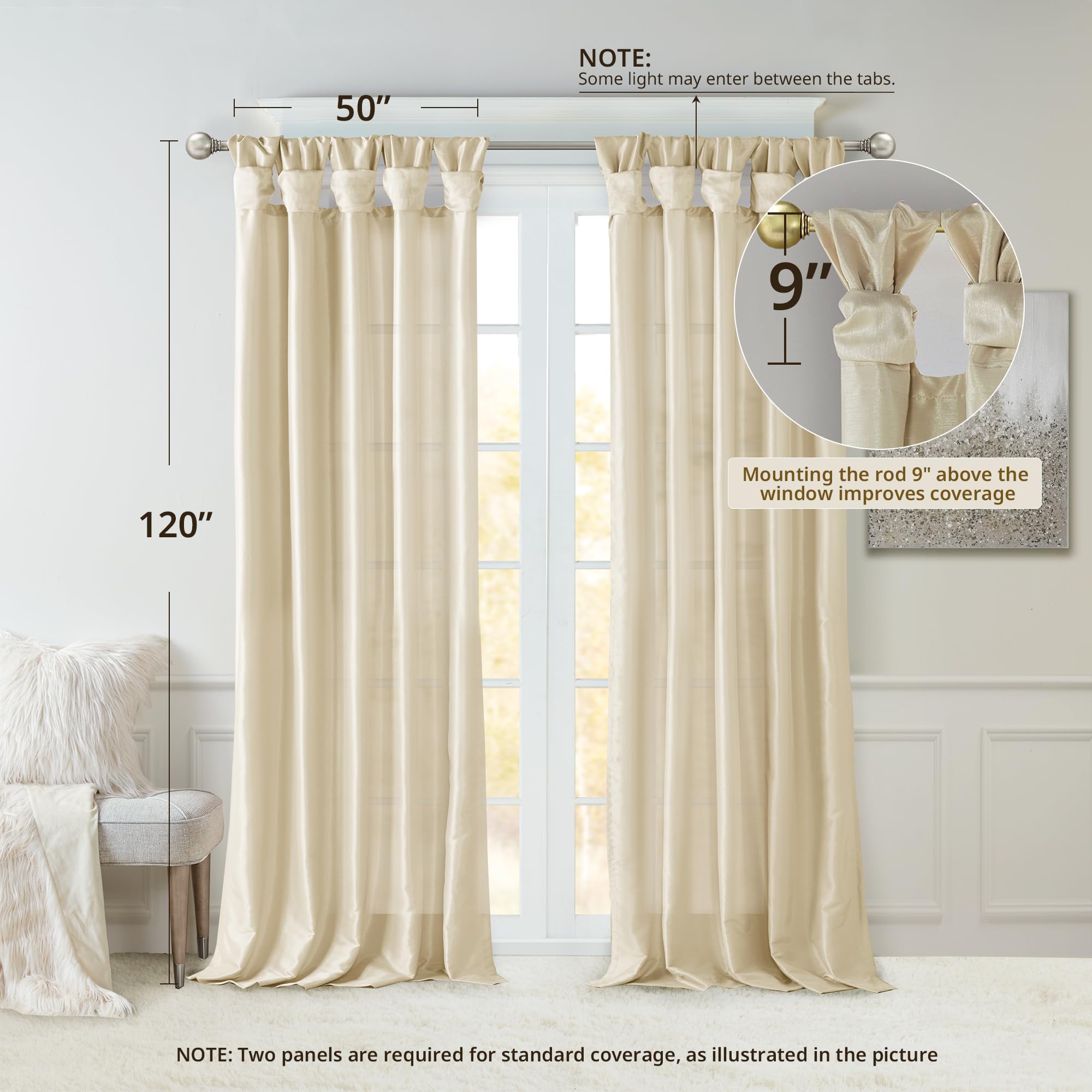 Madison Park Emilia Faux Silk Single Curtain with Privacy Lining, DIY Twist Tab Top - Image 2