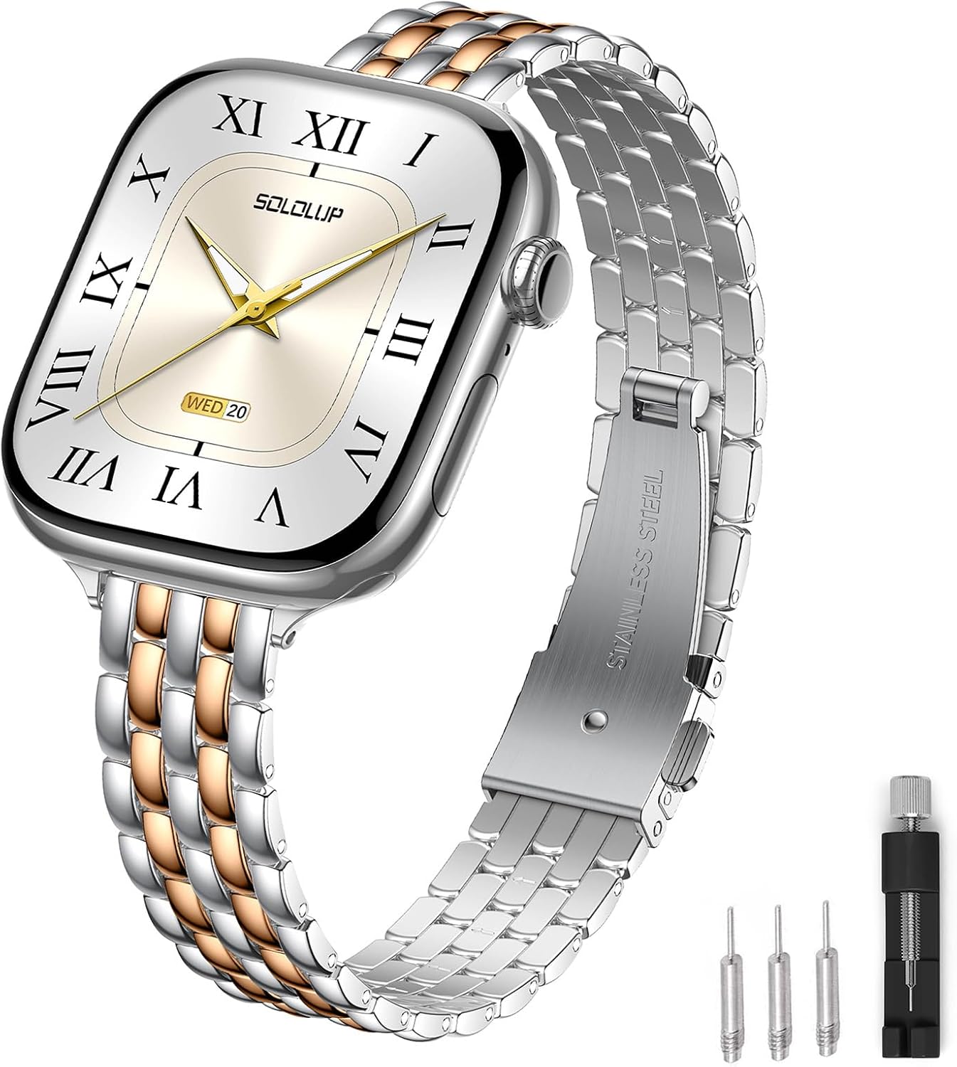 SOLOLUP Slim Metal Band Compatible With Apple Watch Bands for Women Series 11 10 9 8 7 6 5 4 3 SE 3/2/1,Thin Dressy Stainless Steel Elegant Strap for iWatch Bands 38mm 40mm 41mm 42mm,Silver-RoseGold