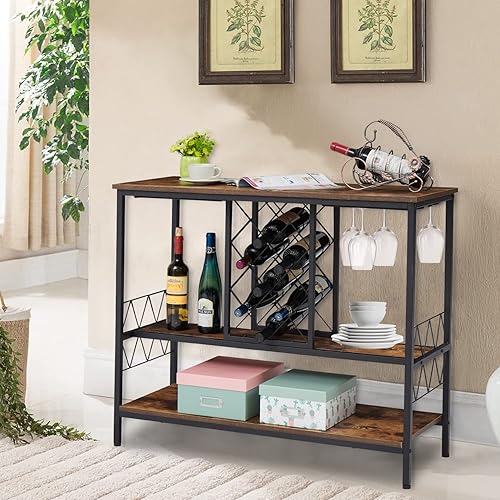 Miniatura 1 de KINTNESS Mesa de estante para vino gabinete industrial de barra de vino con soporte para vasos estante de almacenamiento de licor barra de gabinete
