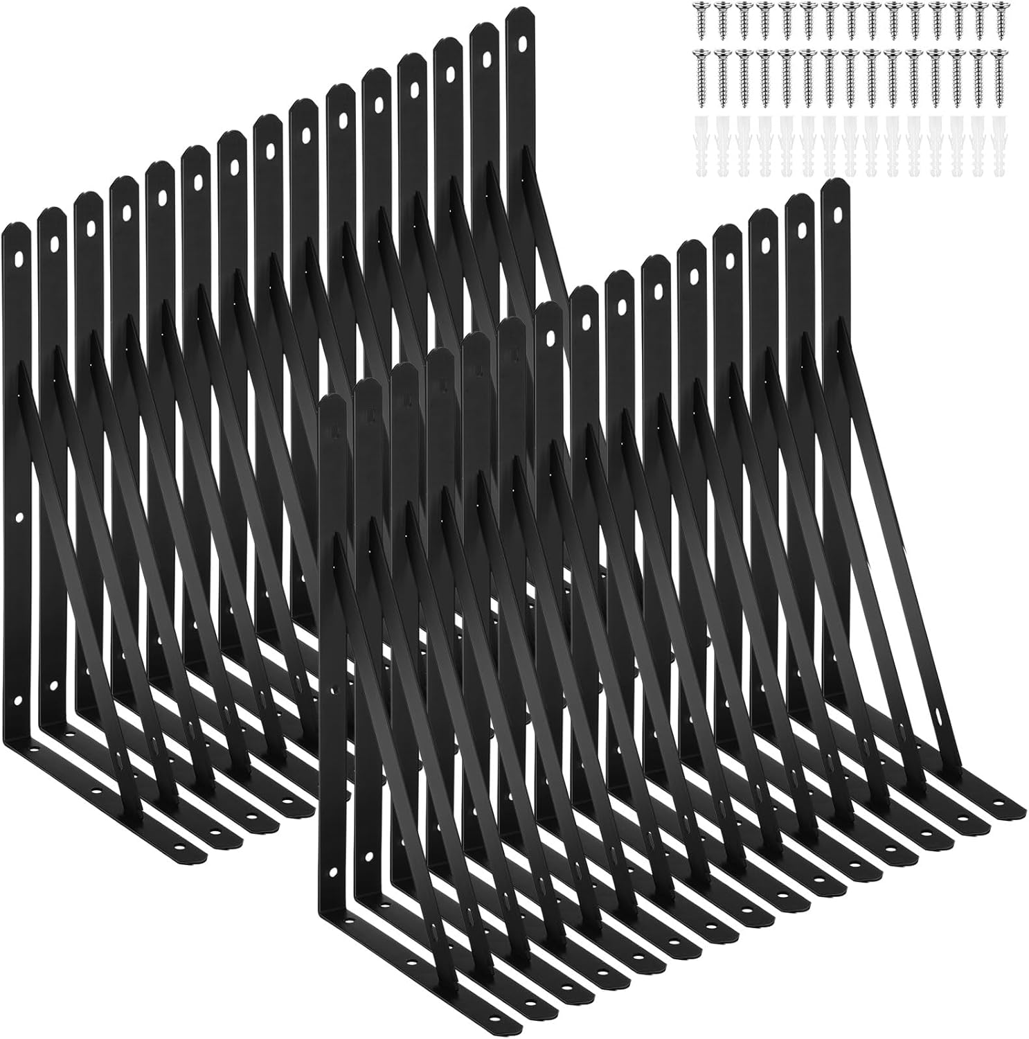 Nuogo 30 Pack Heavy Duty Shelf Brackets Bulk Metal Floating Shelving Support Wall Mounted 90 Degree Triangle Corner L Brackets for Garage with Hardware, Black (11.5 Inch)