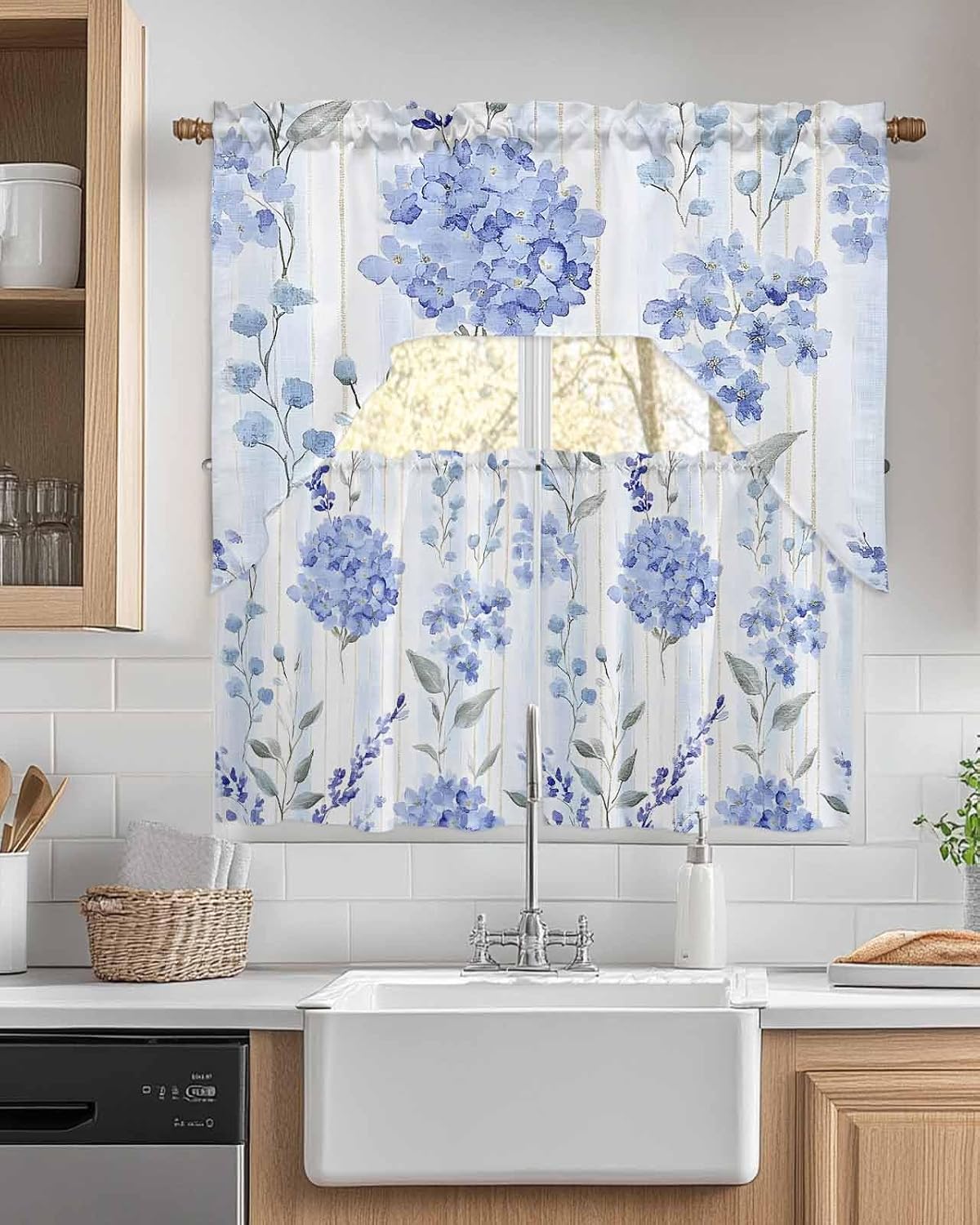 Hydrangea Leaves Kitchen Curtains Sets for Windows 3 Piece, Blue Striped Botanical Floral Kitchen Curtains and Valances Tier Set 36 Inch Length Swag Curtain for Living Room Cafe Bathroom Bedroom
