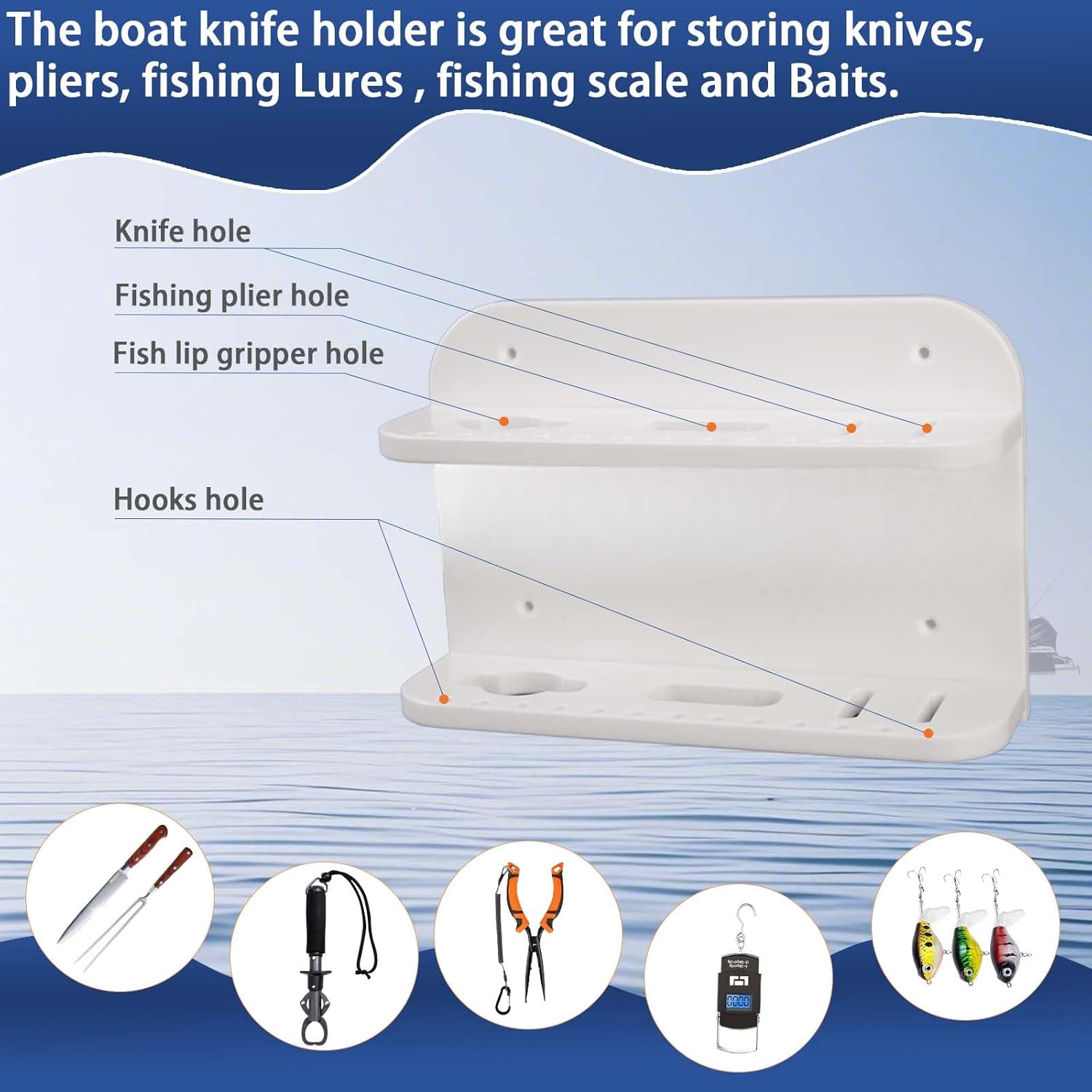 Boat Knife and Plier Holder, Polymer Marine Storage Organizer, Boat Tool Holder Fit for Fishing Tools, Lures and Baits (Open knife rest)