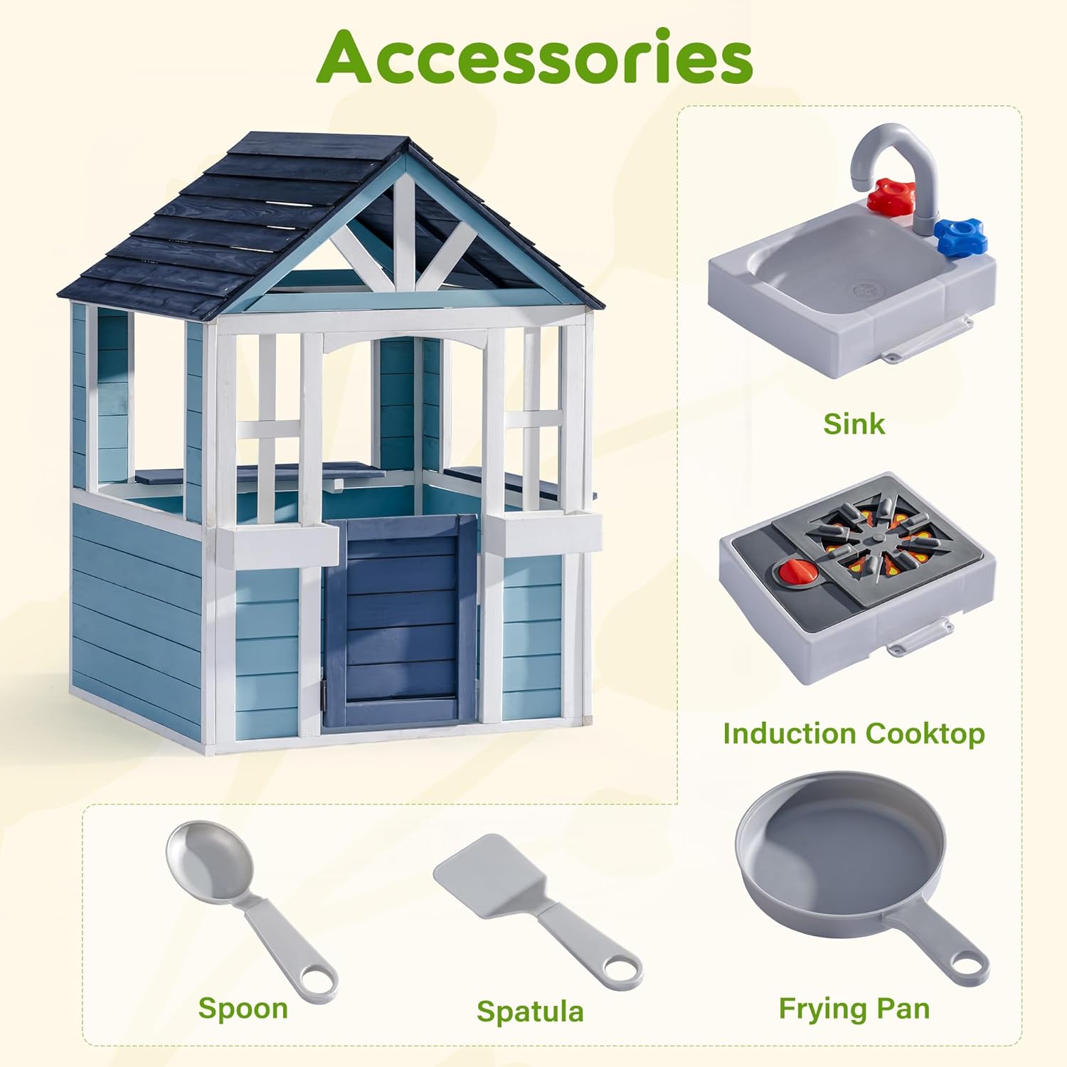 ROBUD Wooden Playhouse, Outdoor Kids Playhouse with Sink, Stove, Cookware, Flowerpot Holders, Snack Bar, Cottage Play House for Backyard, Blue