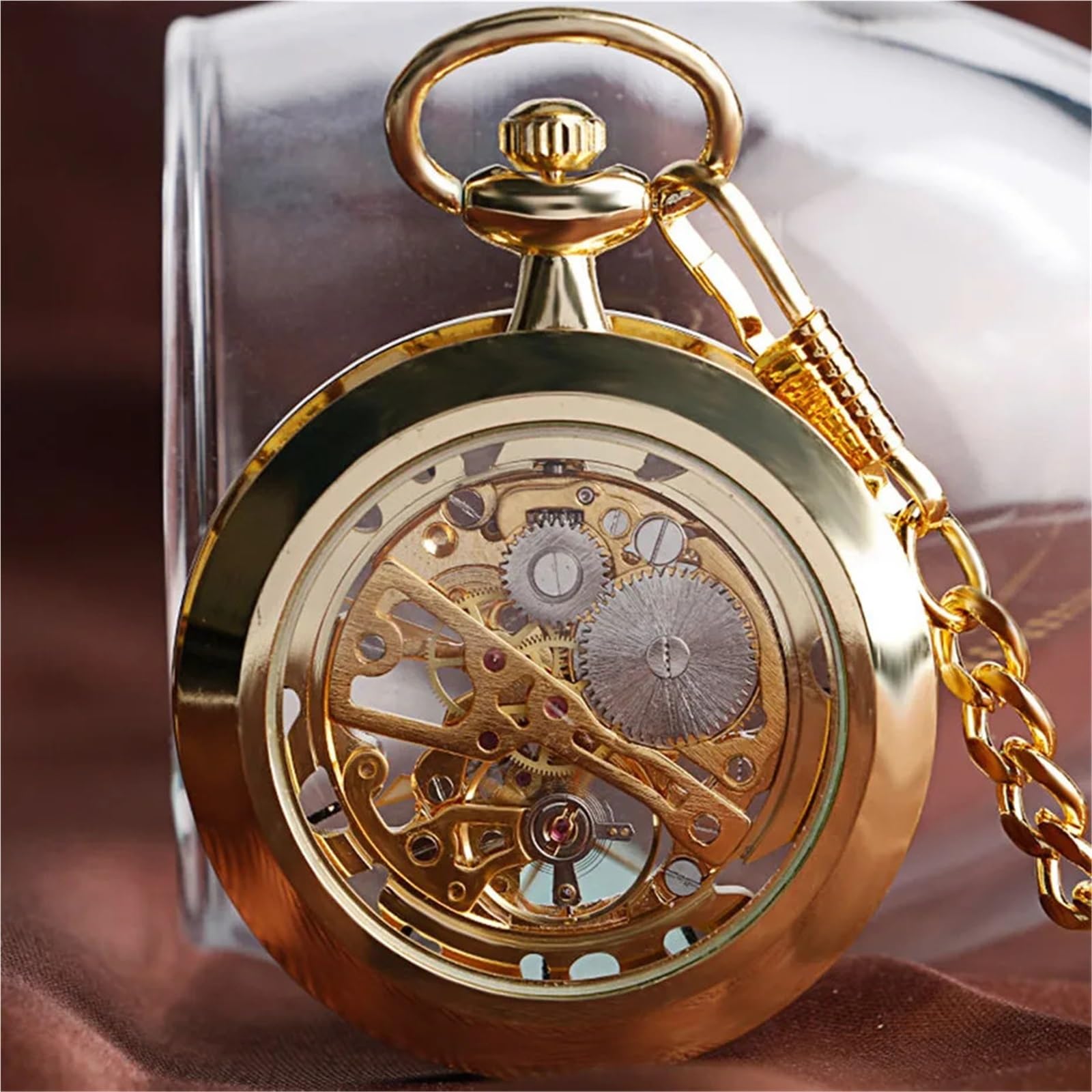 Mechaniczny zegarek kieszonkowy Przezroczysty pusty szkieletowy naciąg zegar vintage z łańcuszkiem kieszonkowym