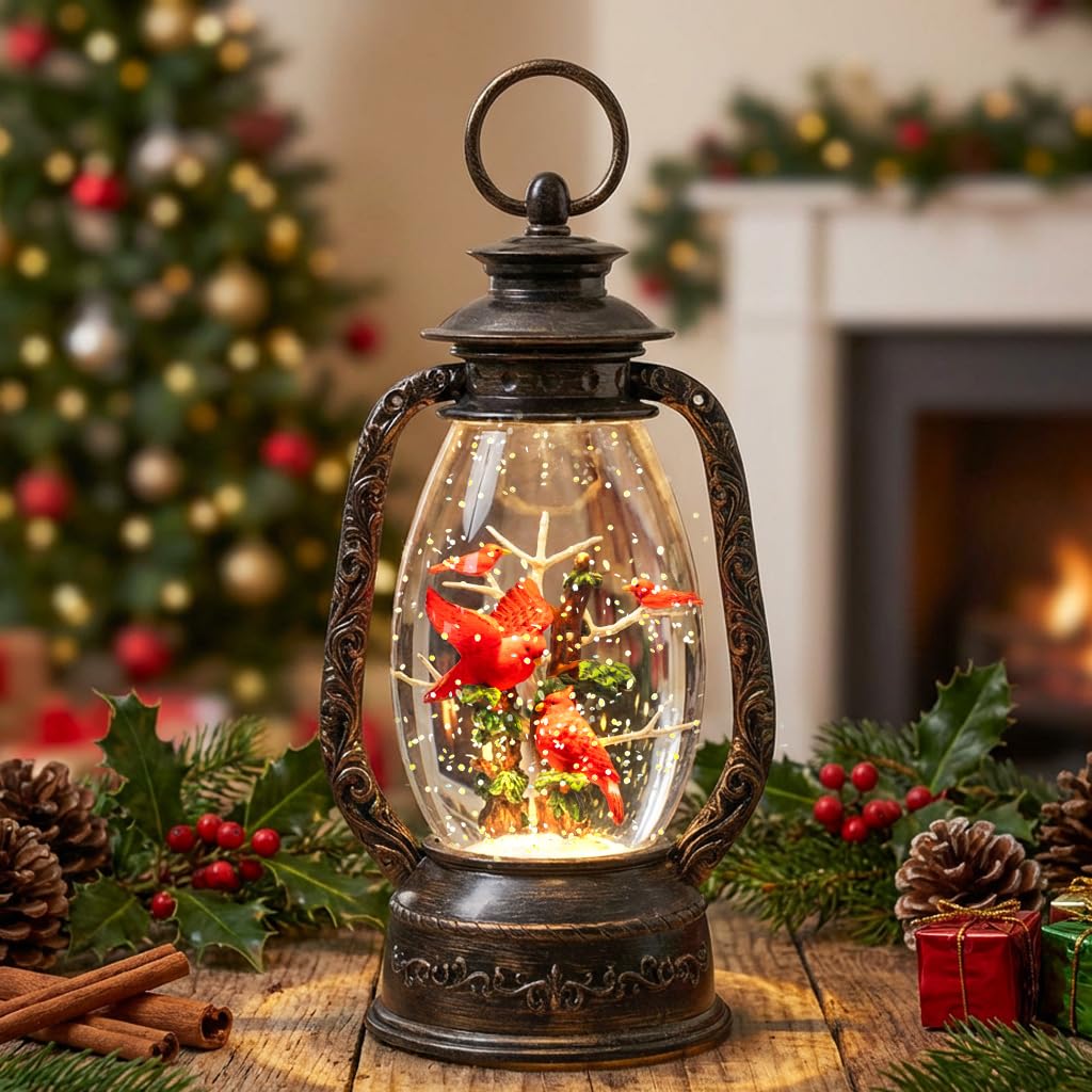 12" Christmas Snow Globe Lantern, Red Bird Music Box, Spinning Snowflake Glitter Water Lamp, USB and Battery Powered Christmas Decoration