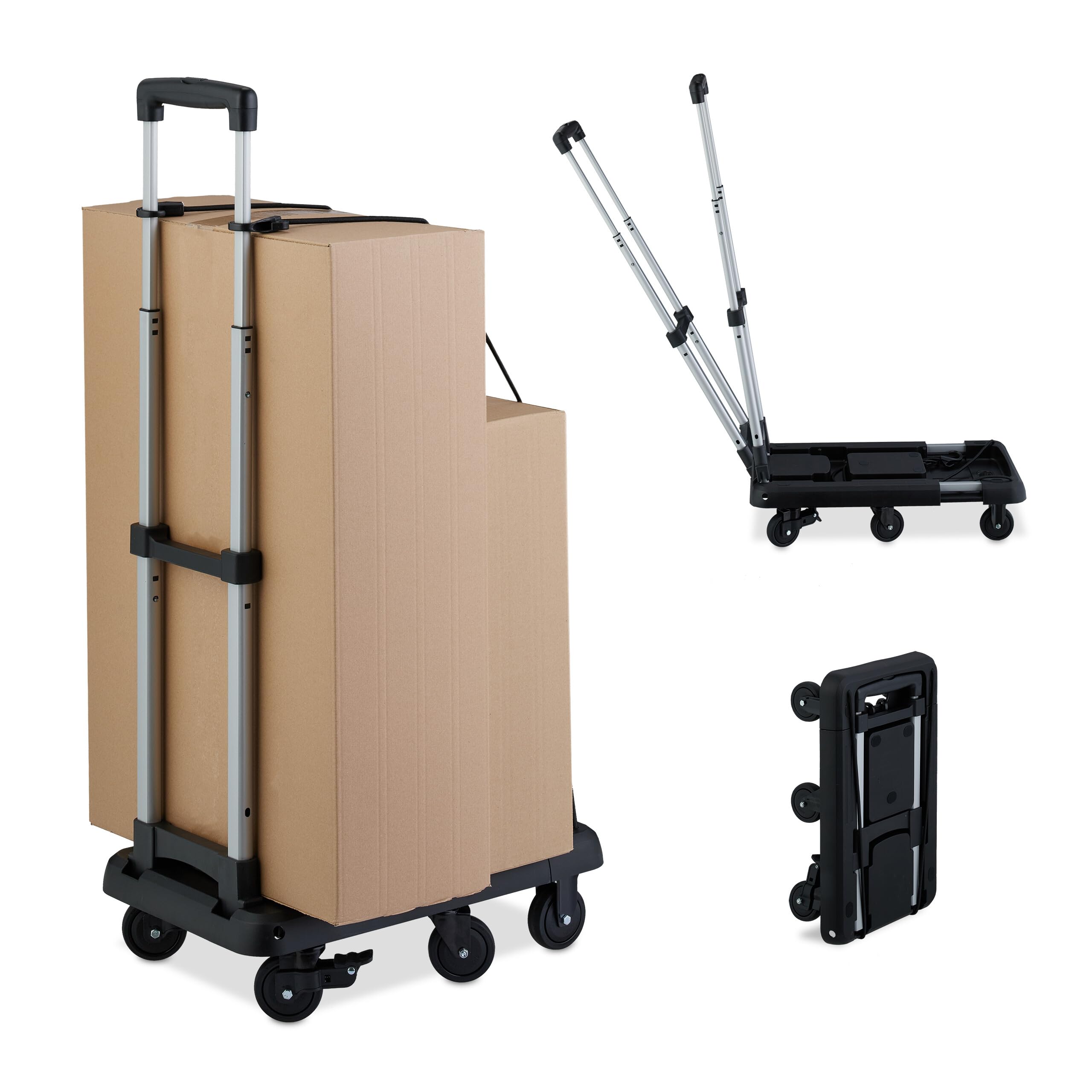 Relaxdays Plataforma con Ruedas Plegable, Carrito Transporte Mudanza y Carga, Mango Telescópico, hasta 100 kg, Negro