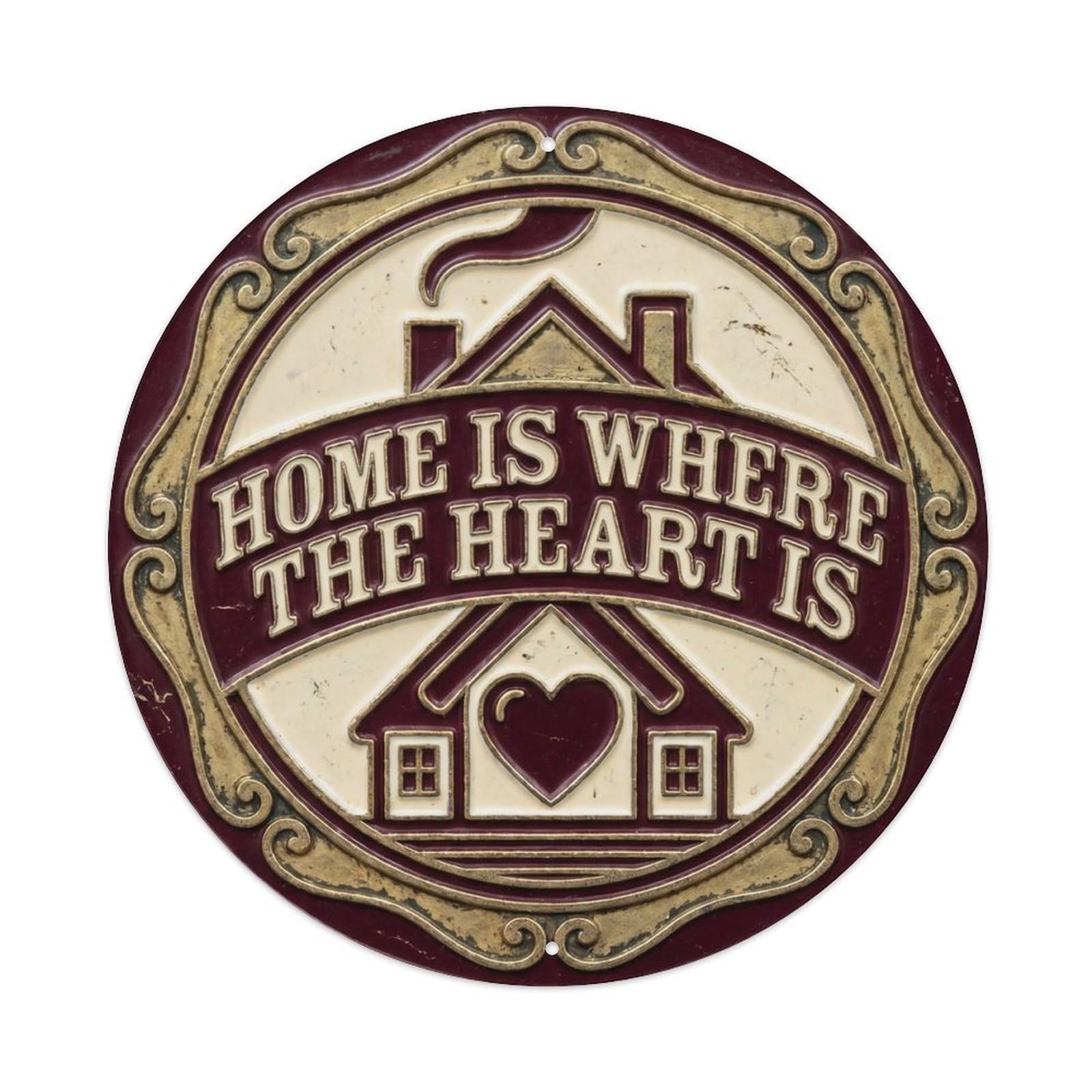 Home Is Where Heart Is Nostalgic Hanging Ornament Retro Slogans Metal Tin Sign Plaque Wall Decor for Cafe, Club Bar, Office, Home Garden Round Metal Poster 8x8Inch