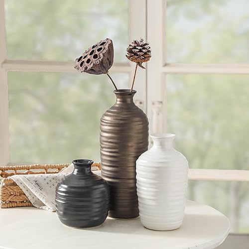Miniatura 7 de Juego de 3 jarrones de cerámica neutros decorativos para granja, bohemio o rústico, decoración del hogar, jarrones de cerámica para sala de estar,