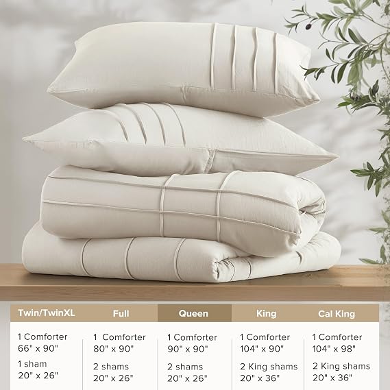 Comfort Spaces Cream Queen Comforter Set - 3 Pieces Pintuck Pleated Farmhouse Bedding Sets Queen, All Season Lightweight, Cotton-Like Softness Pre-Washed Microfiber Queen Bed Set, Shams, Full/Queen | Pintuck Pleated Bedding Sets, All Season Lightweight, Extra Softness Pre-Washed Microfiber Bed Set, Shams