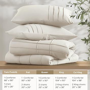 Comfort Spaces Cream Queen Comforter Set - 3 Pieces Pintuck Pleated Farmhouse Bedding Sets Queen, All Season Lightweight, Cotton-Like Softness Pre-Washed Microfiber Queen Bed Set, Shams, Full/Queen | Pintuck Pleated Bedding Sets, All Season Lightweight, Extra Softness Pre-Washed Microfiber Bed Set, Shams