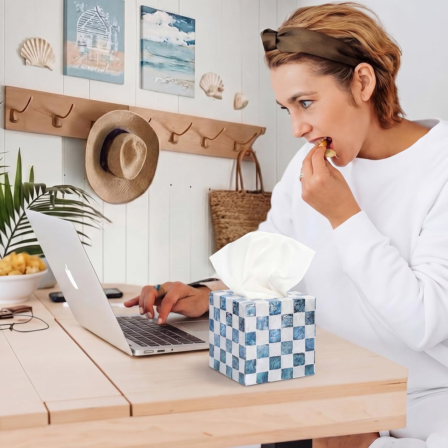 12 Pack Checkered Large Tissue Cube Boxes 3 Ply Facial Papers Large Tissues Boxes Cover Bulk Travel Size Face Facial Cube Pack Upright Face for Office Bathroom Kitchen Bedroom(Blue)