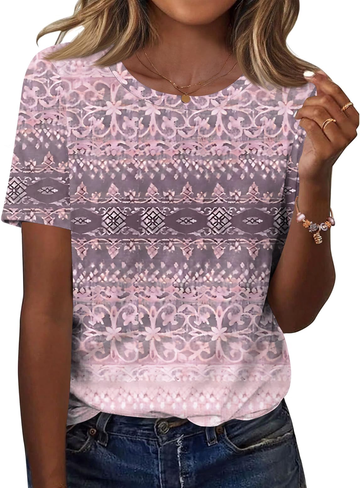 TCOT Women's Tops Summer Short Sleeve Crew Neck Shirts Dressy Casual Blouses for Women S-3XL