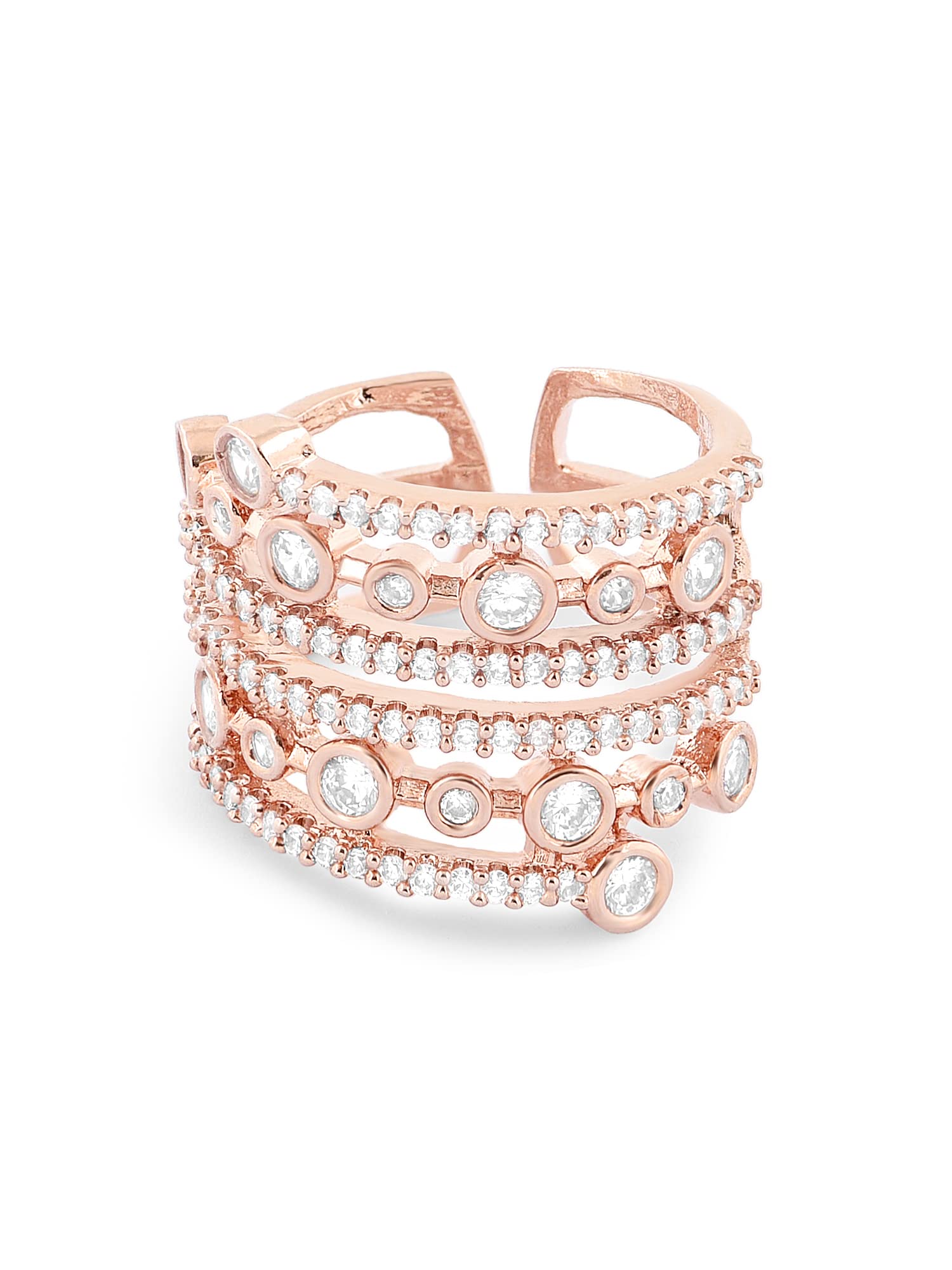 Rose Gold Dazzling Cubic Zirconia Party Bling Statement Brass Adjustable Ring For Women-ZPFK15430