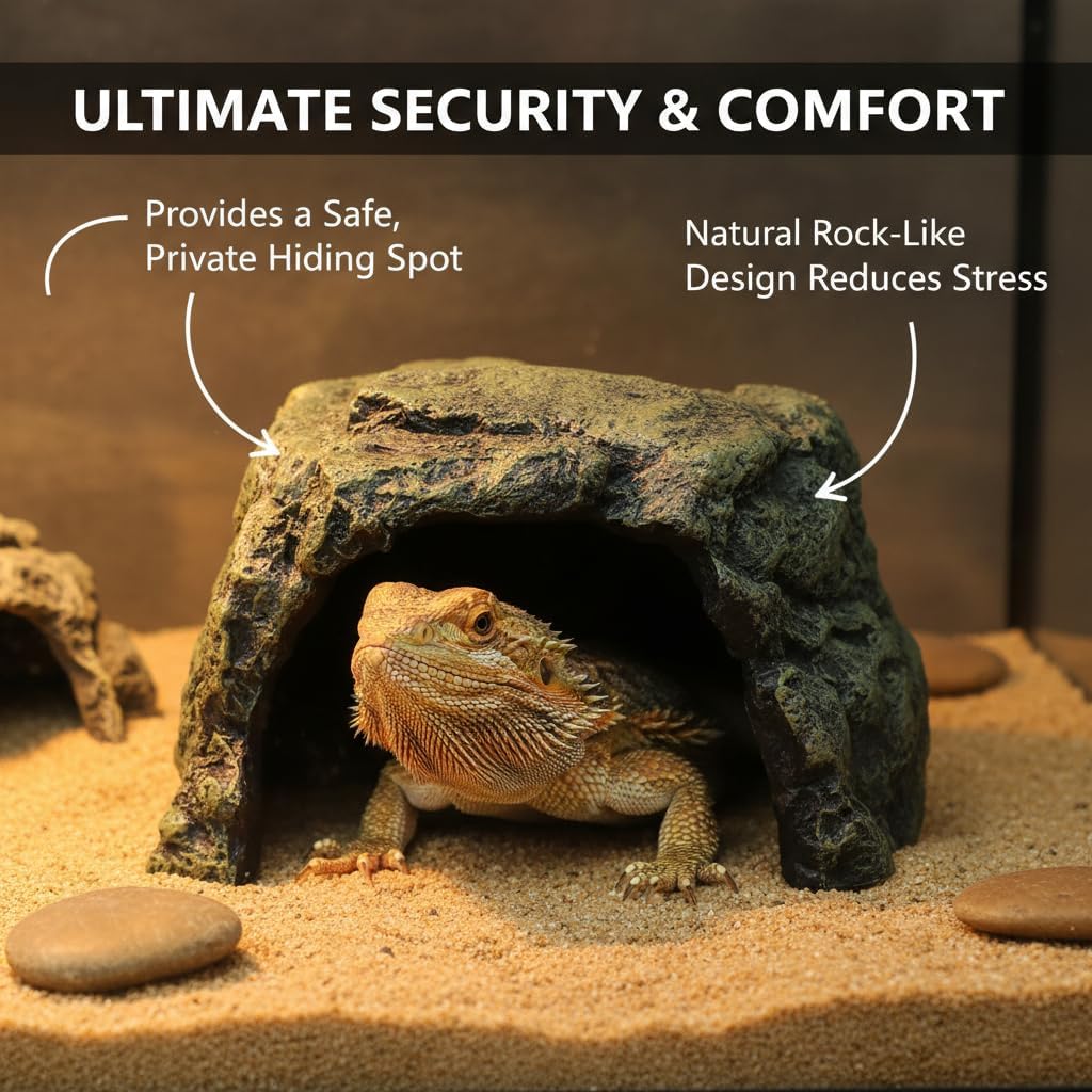 Generic Rock Hide Cave for Reptiles & Amphibians, Large Aquarium Fish Hide Cave Decoration, Stone Cave Hide House Terrarium & Aquarium Accessories for Betta Shrimp Turtle Bearded Dragons Lizards