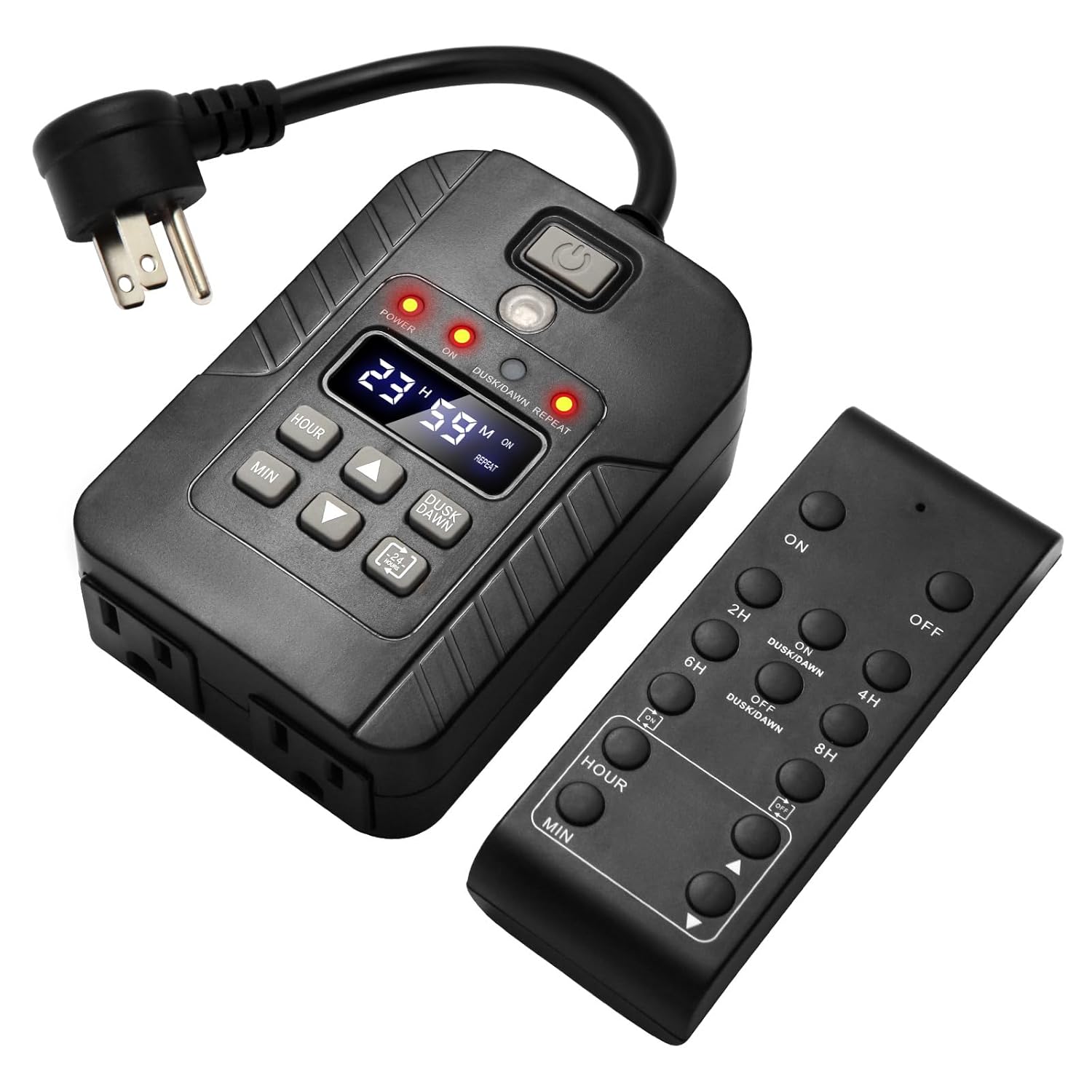 Dusk to Dawn Outdoor Timer Outlet Waterproof, Digital Outdoor Remote Control Outlet, Outdoor Light Timer, 125V/15A 100 FT Outdoor Timer for Pool Pump, Chicken Coop Landscape Lights, Fountains