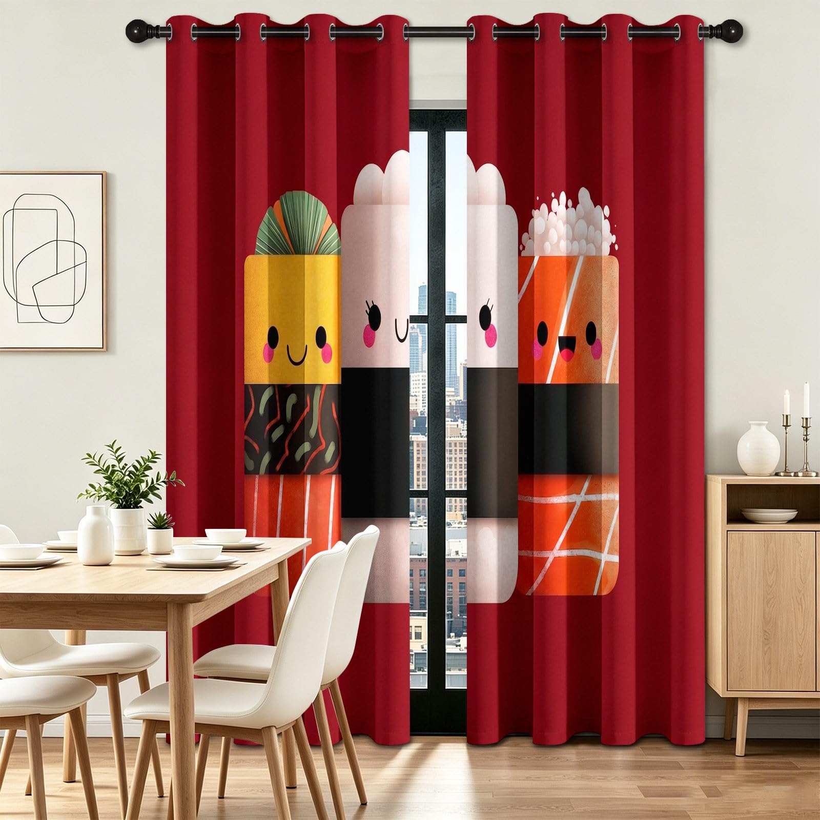 Alimentación Sushi - Cortinas opacas (2, 110 x 215 cm, aislamiento térmico y acústico para cocina, comedor, habitación infantil, cortina con ojales, dibujos animados, reducción del ruido