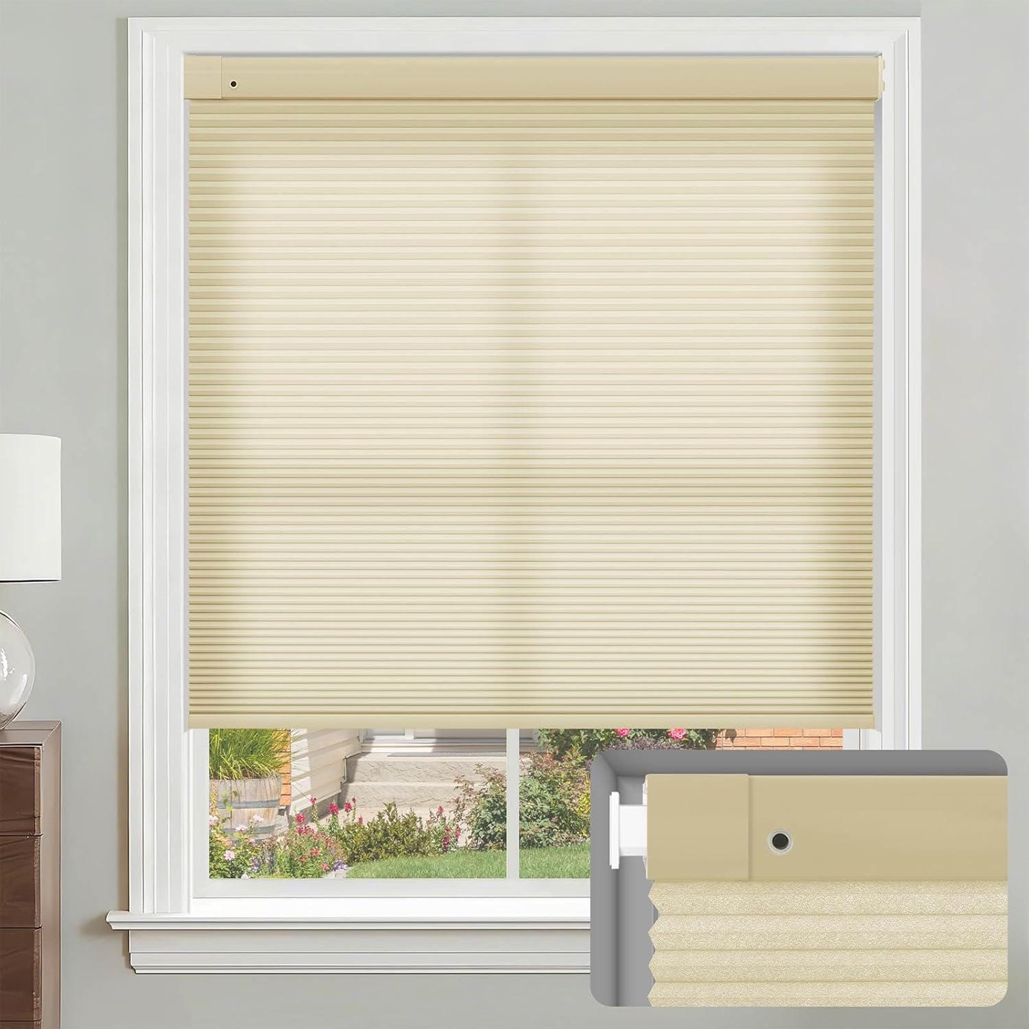 No Drill Cellular Shades, Beige Custom Size Cordless Light Filtering Pull Down Pleated Honeycomb Blind Thermal Insulated Easy Install for Indoor Window Bedroom Living Room Kitchen Door
