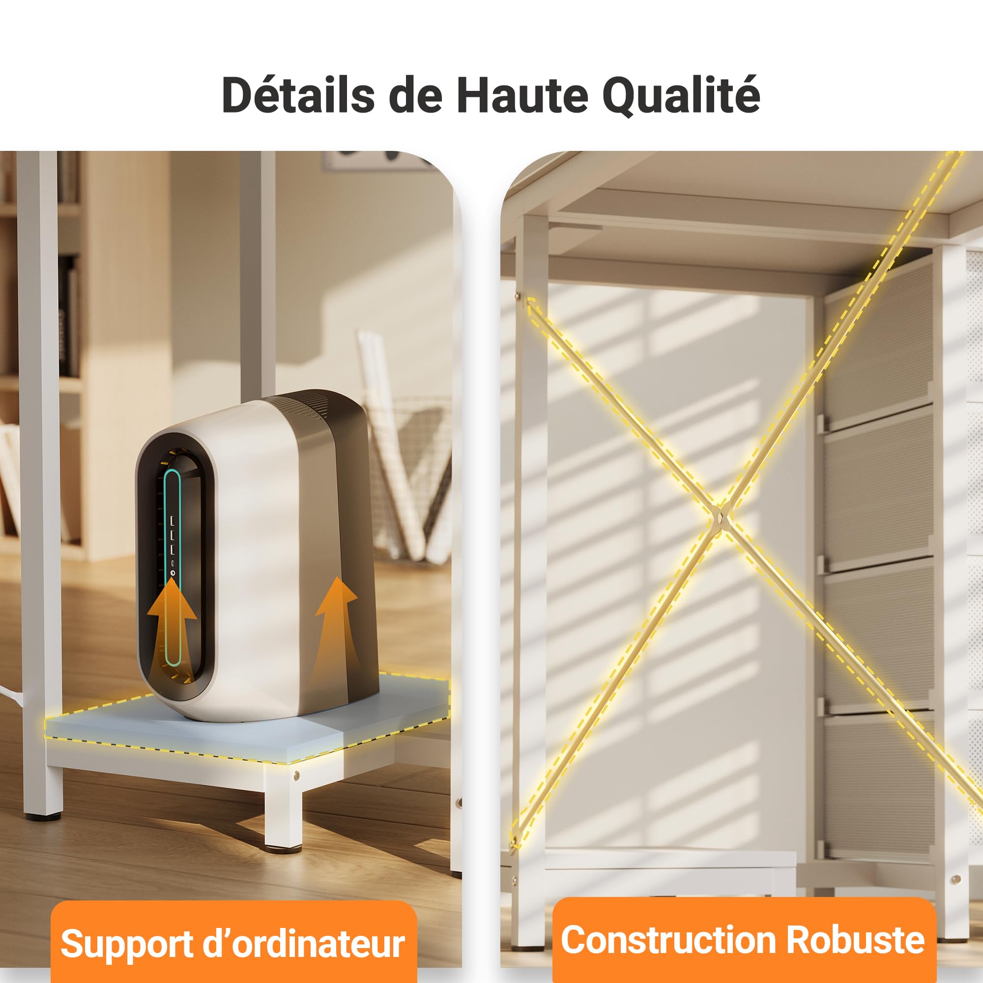 Claiks Bureau d'angle avec 4 Tiroirs,160x80x75 cm Bureau en L avec Prises de Courant et Ports de Charge USB, Table avec Support d'écran und Poche de Rangement latérale pour dans Un Grand, Blanc/Blanc
