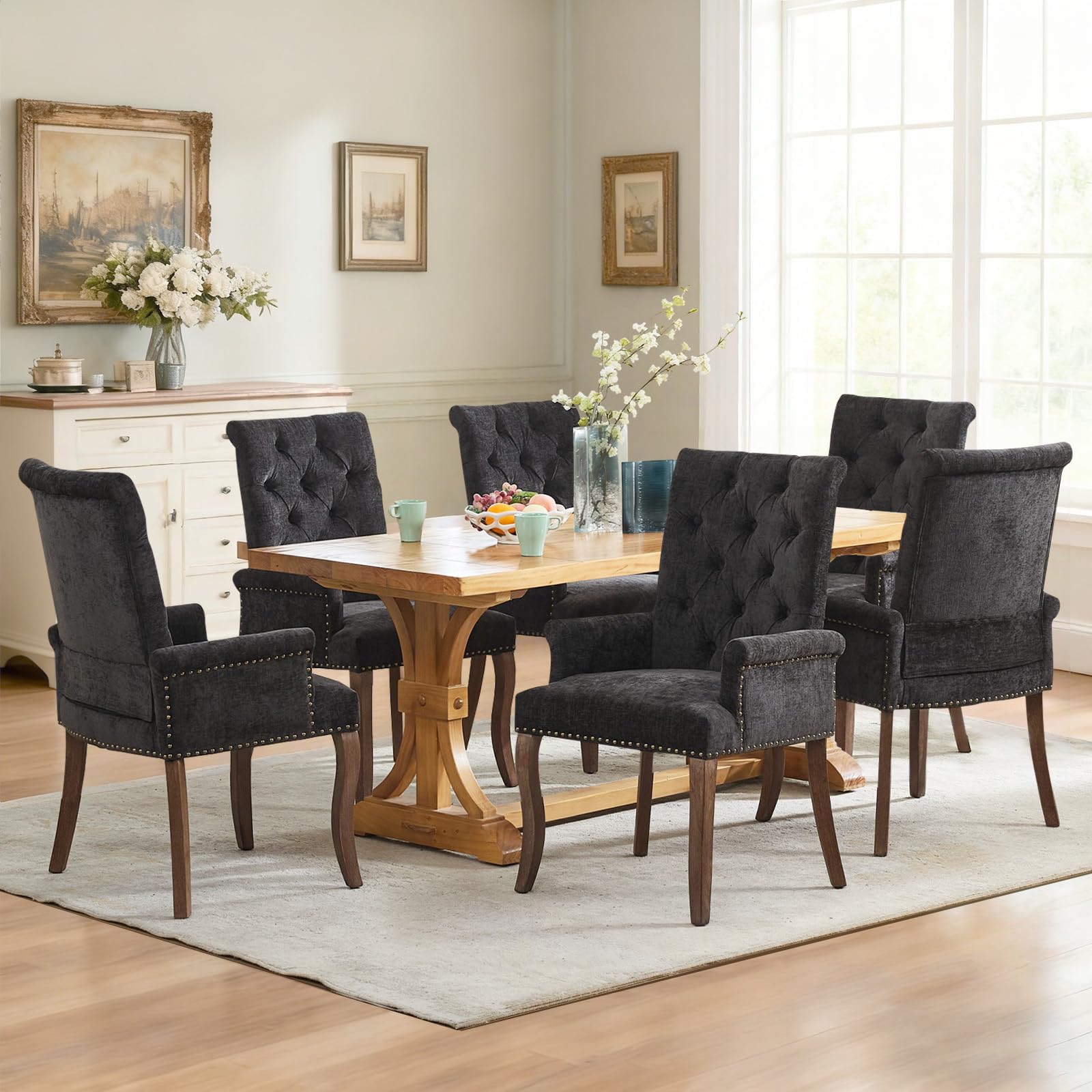 SoarFlash Chenille Dining Chairs Set of 6, Tall Back Side Chair, Modern Upholstered High-end Tufted Side Chair with Armrest, Solid Wood Leg, Black