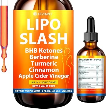 Lipo Slash 16-in-1 Liquid Drops, Supports Gut Health, Curb Cravings, Hunger Balance, BHB Ketones, Berberine, Turmeric, Cinnamon, Apple Cider Vinegar, Probiotics, Orange Flavor, Activate Level Up