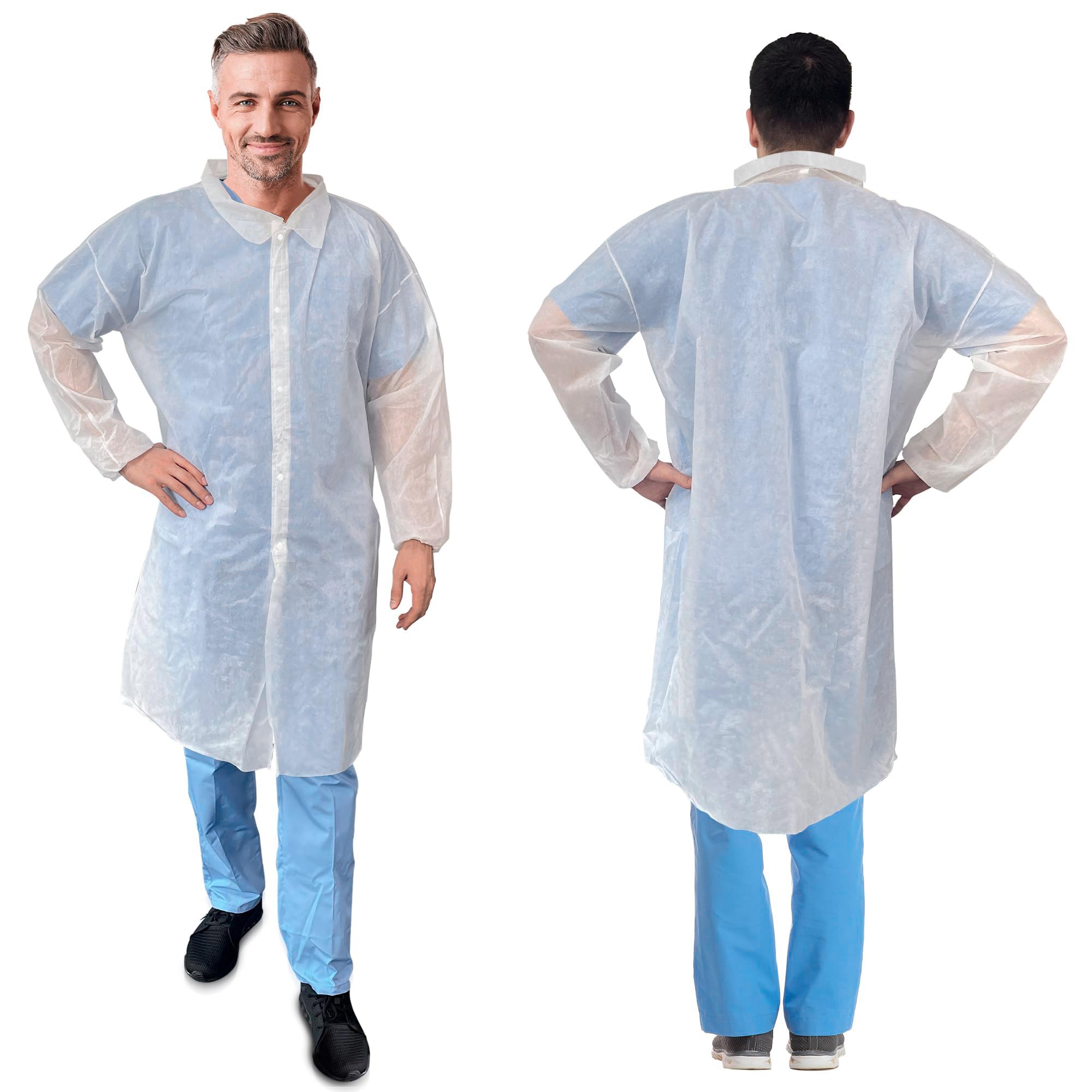AMZ Medical Supply White Disposable Lab Coats for Adults, X-Large. Pack of 120 SMS Disposable Lab Coat, 40 GSM. Unisex Medical PPE Coat with Long Sleeves, Elastic Wrists, 5 Snaps and No Pockets