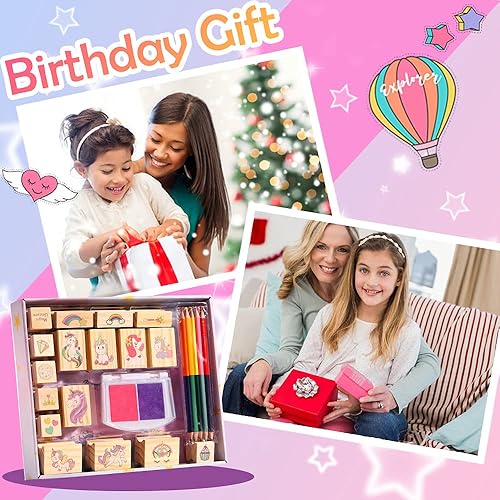 Miniatura 10 de Juego de sellos de madera de unicornio y calcomanías para niñas, unicornio, sirena, panda, alpaca, perezoso, gatos, arcoíris, mariposa, juego de