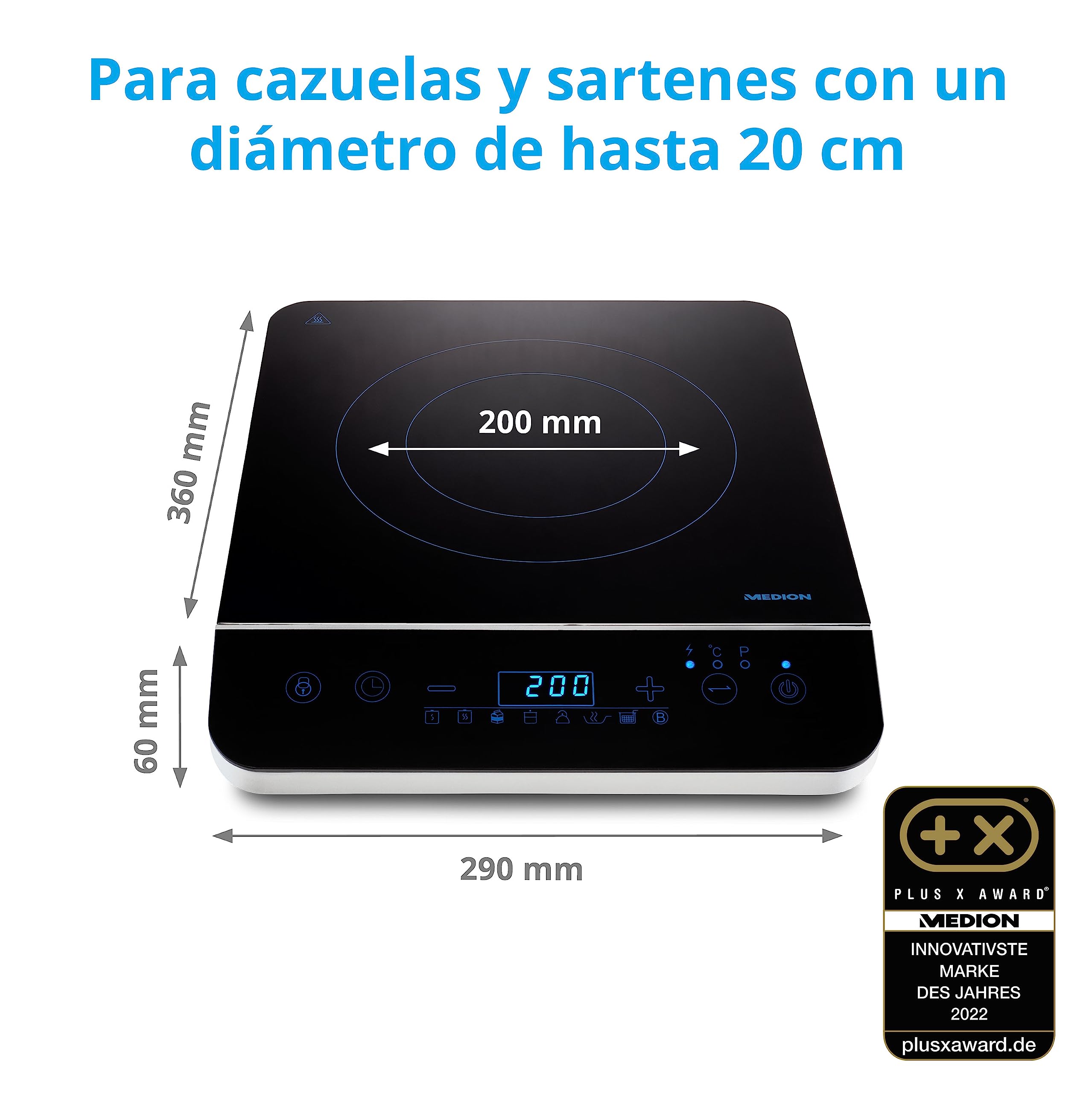 Placa de inducción MEDION / 2000 W/rango de temperatura 60-240°C / 8 programas automáticos / 10 niveles de potencia/pantalla LED/MD 17595 / negro