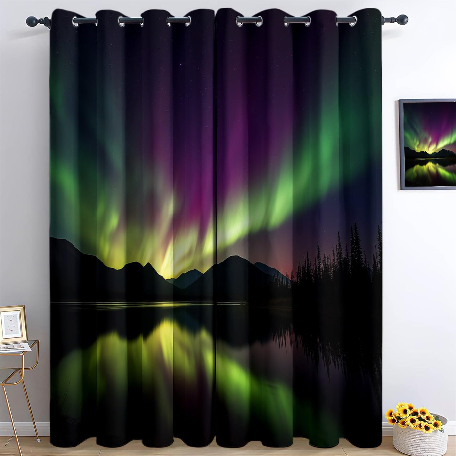 Grün Blickdicht Vorhänge für Wohnzimmer Nordlichter Seeblick Verdunklungsvorhang mit Ösen, Blickdicht Gardinen Thermovorhang für Schlafzimmer Deko 2er Set, H 260 x B 140 cm