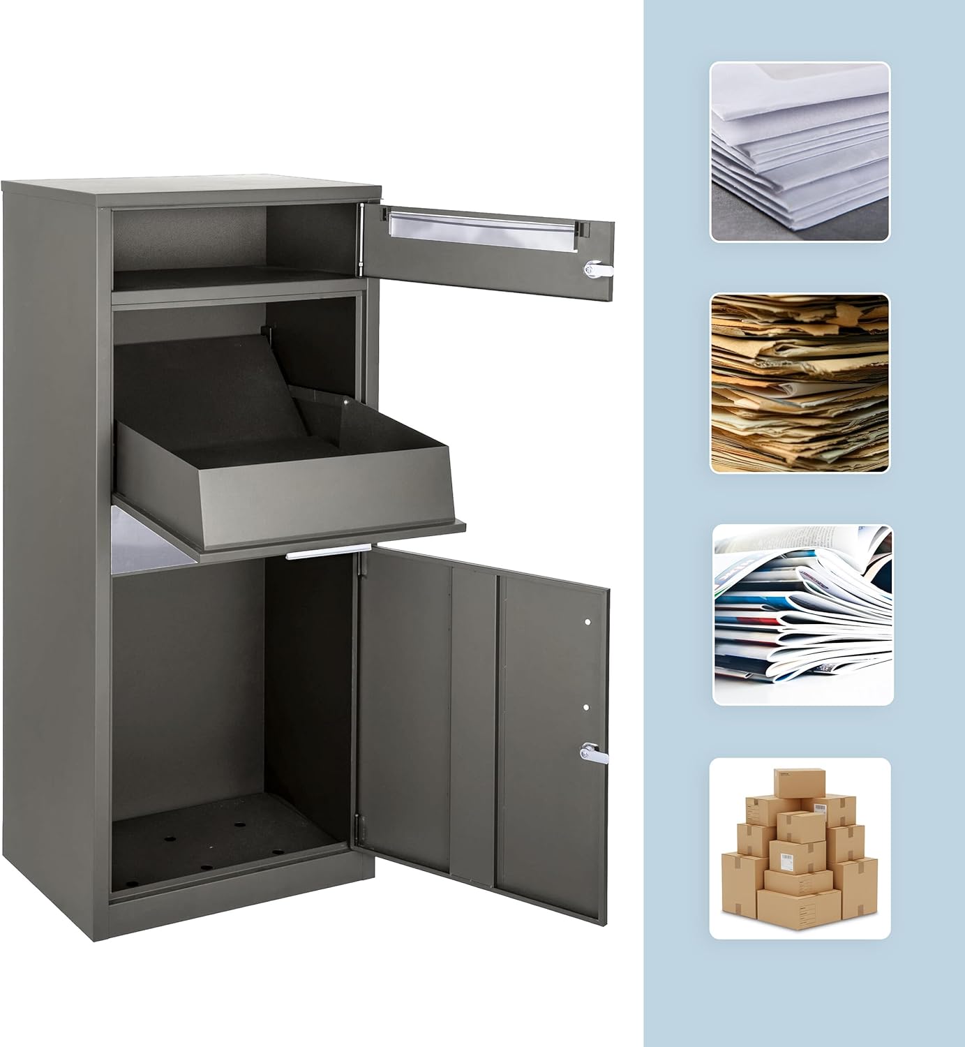 Relaxdays Letter Box with Parcel Compartment, 4 Keys, H x W x D: 112 x 50 x 37 cm, Iron & Stainless Steel, Dark Grey/Silver