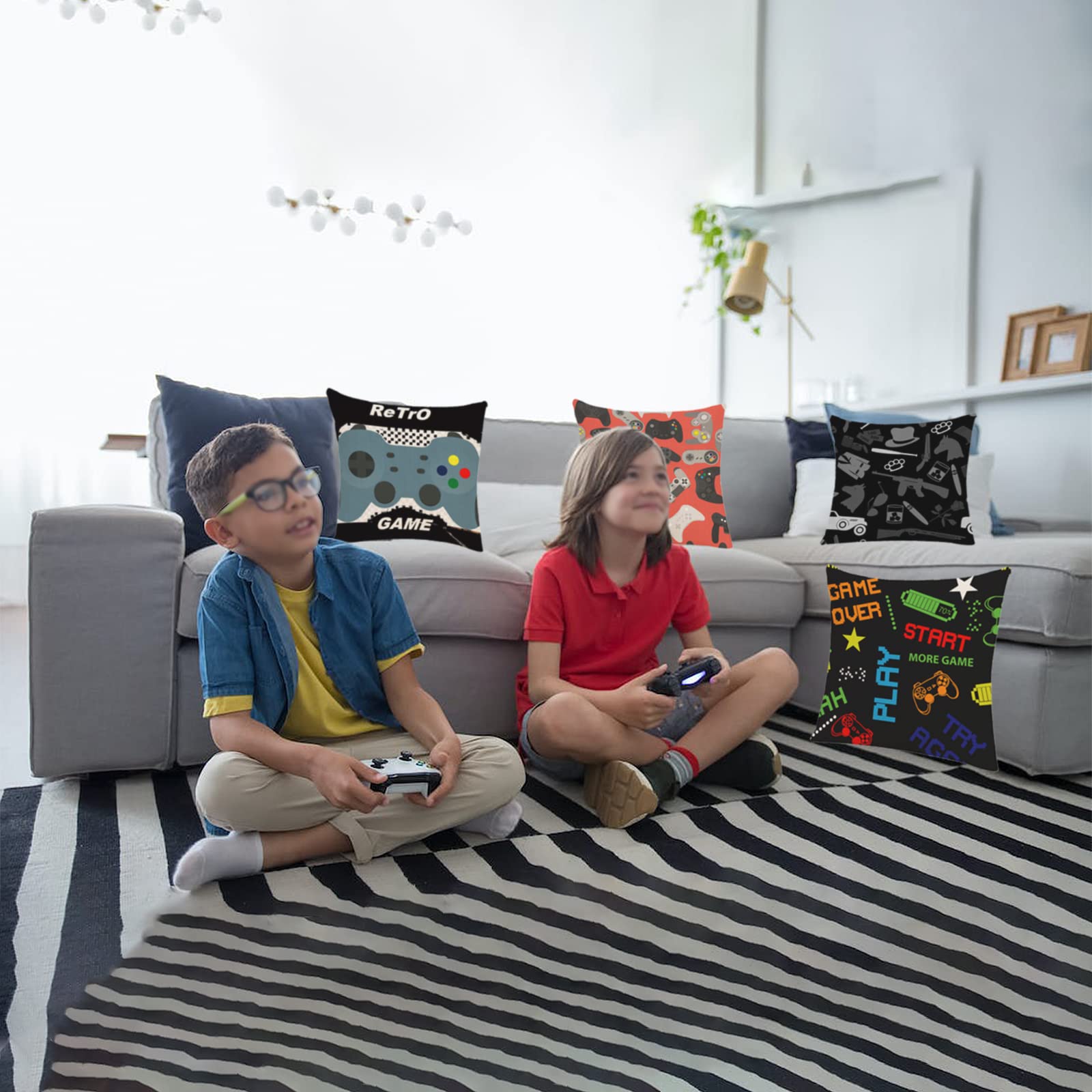 4 Stuks Kussenhoezen 45x45, Gamer kussenhoezen, Gaming Kussenhoes, voor Versieren van Videogames Themafeesten, Banken, Halloween, Kerstmis (45x45, 4 Stijlen