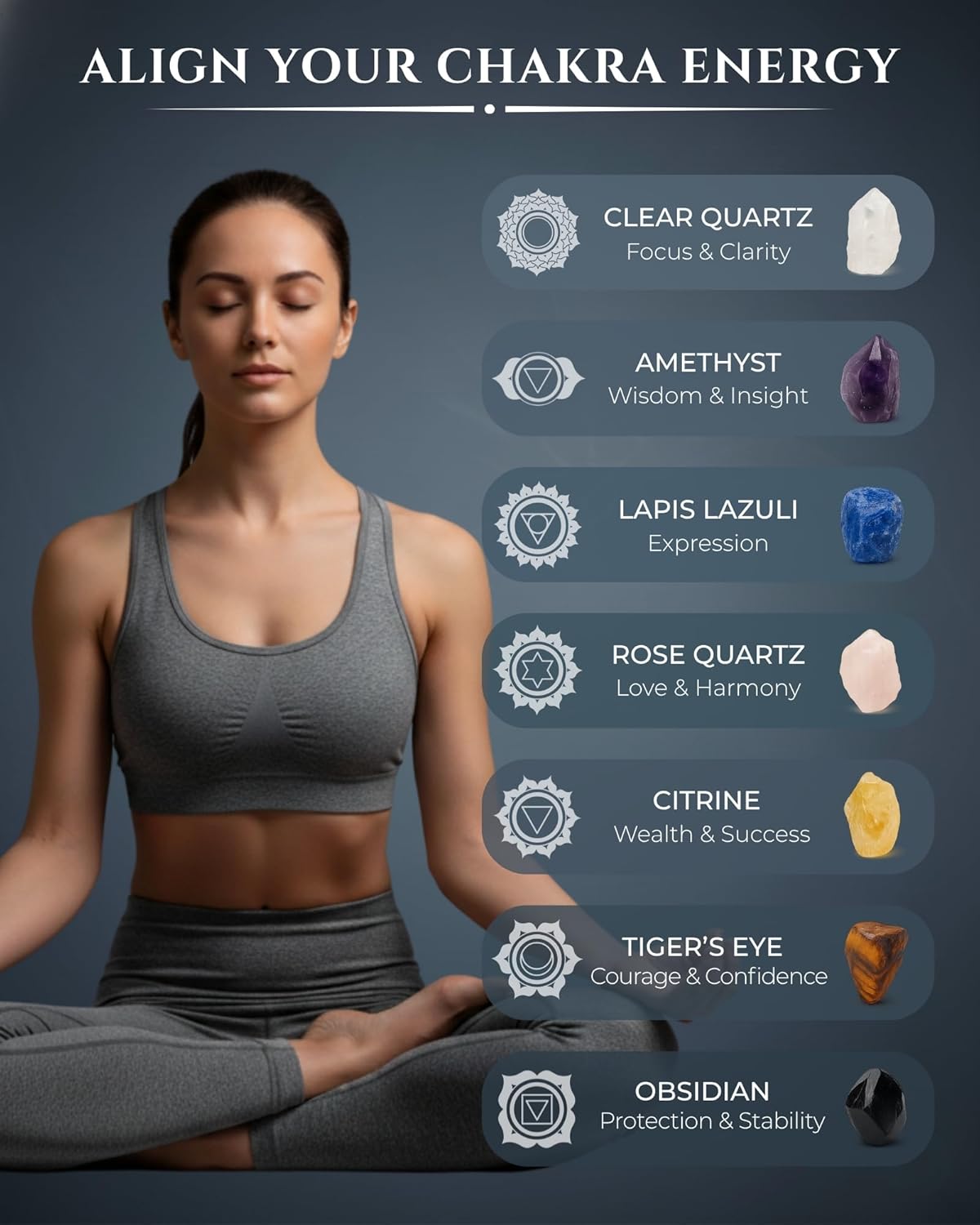 7 Chakra Healing Crystals Grid Set – Real Stones, Clear Quartz Tower, Amethyst & Tree of Life Altar Tray – Spiritual Meditation & Reiki Decor for Yoga, Positive Energy (Guide Included)