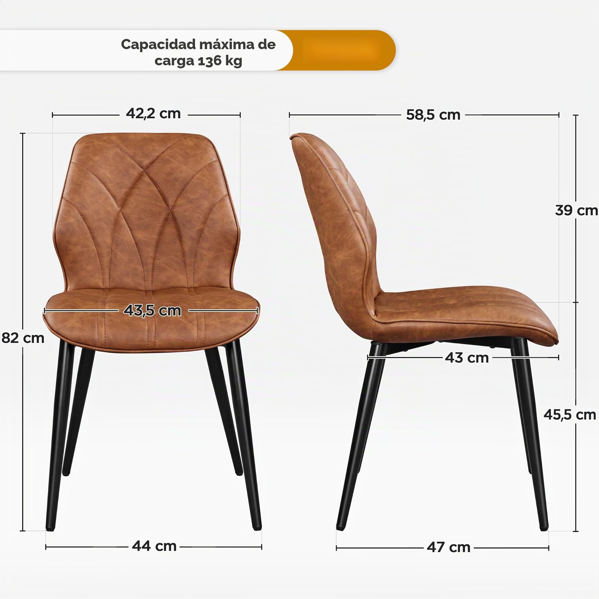 Yaheetech 6PCS Sillas de Comedor Nórdico Sillas de Cocina Pata Metal Marrón | Juego de Sillas de Comedor, Silla de Cocina con Patas de Metal, Asiento Tapizado, para Sala de Estar y Restaurante