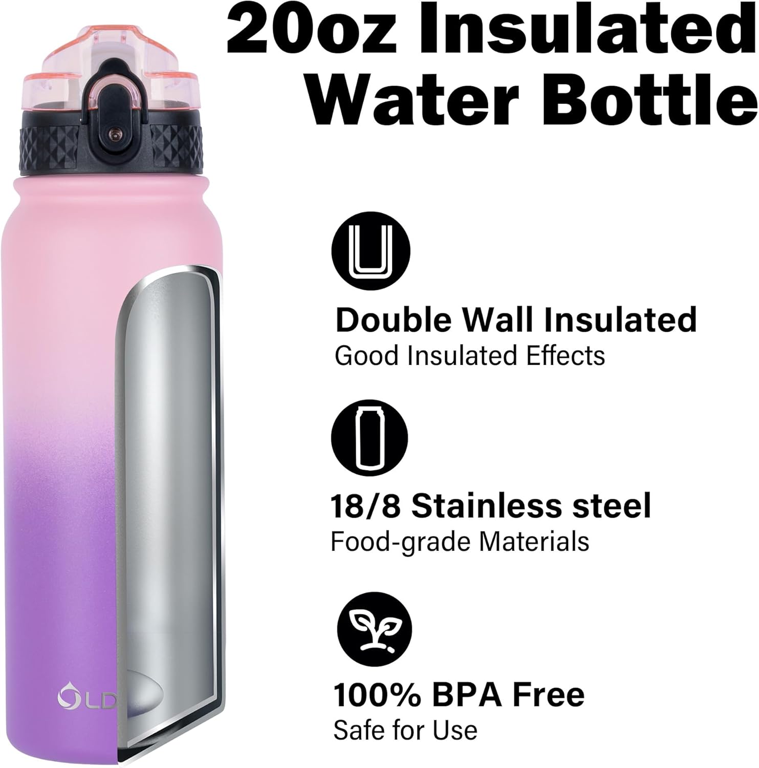 OLDLEY Insulated Water Bottle 20oz Water Bottles with Straw, Stainless Steel Water Bottle with 3 Lids, Double Wall Vacuum Bottles for Adult Kids, Sports Bottles for School Travel, Ombre Pink-Purple - Image 4