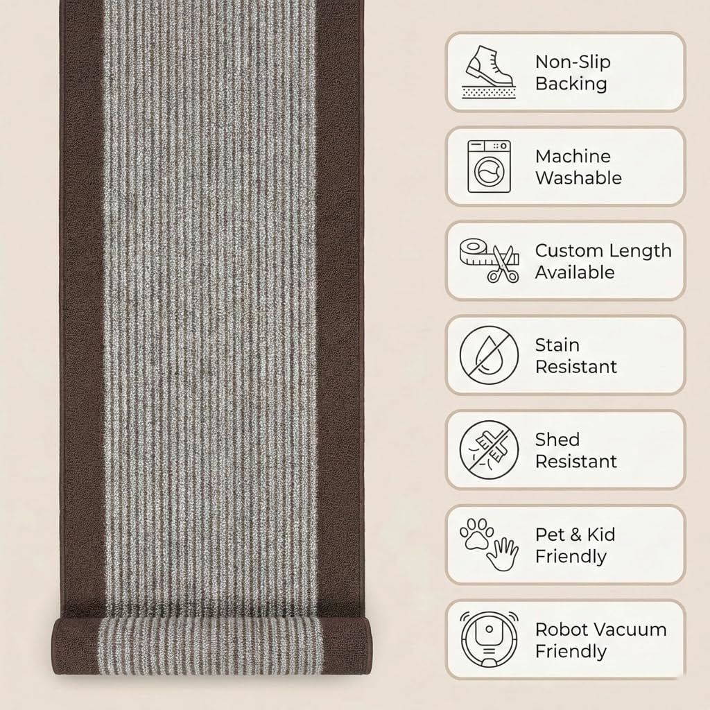 4 ft Kitchen Rug Runner Non Slip, Washable Brown Striped Laundry Room Mat, Rubber Backed Medium Profile Carpet for Sink Area (26 Inch x 4 ft)