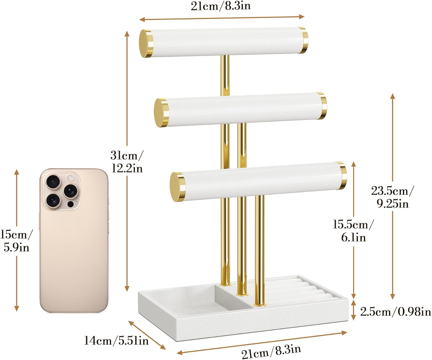 3 Tier Bracelet Holder Display - White Leather Bracelet Holder, Detachable T Bar Jewelry Holder Organizer for Bracelet, Necklace, Earrings, Rings, Watches, Bangle - Image 7